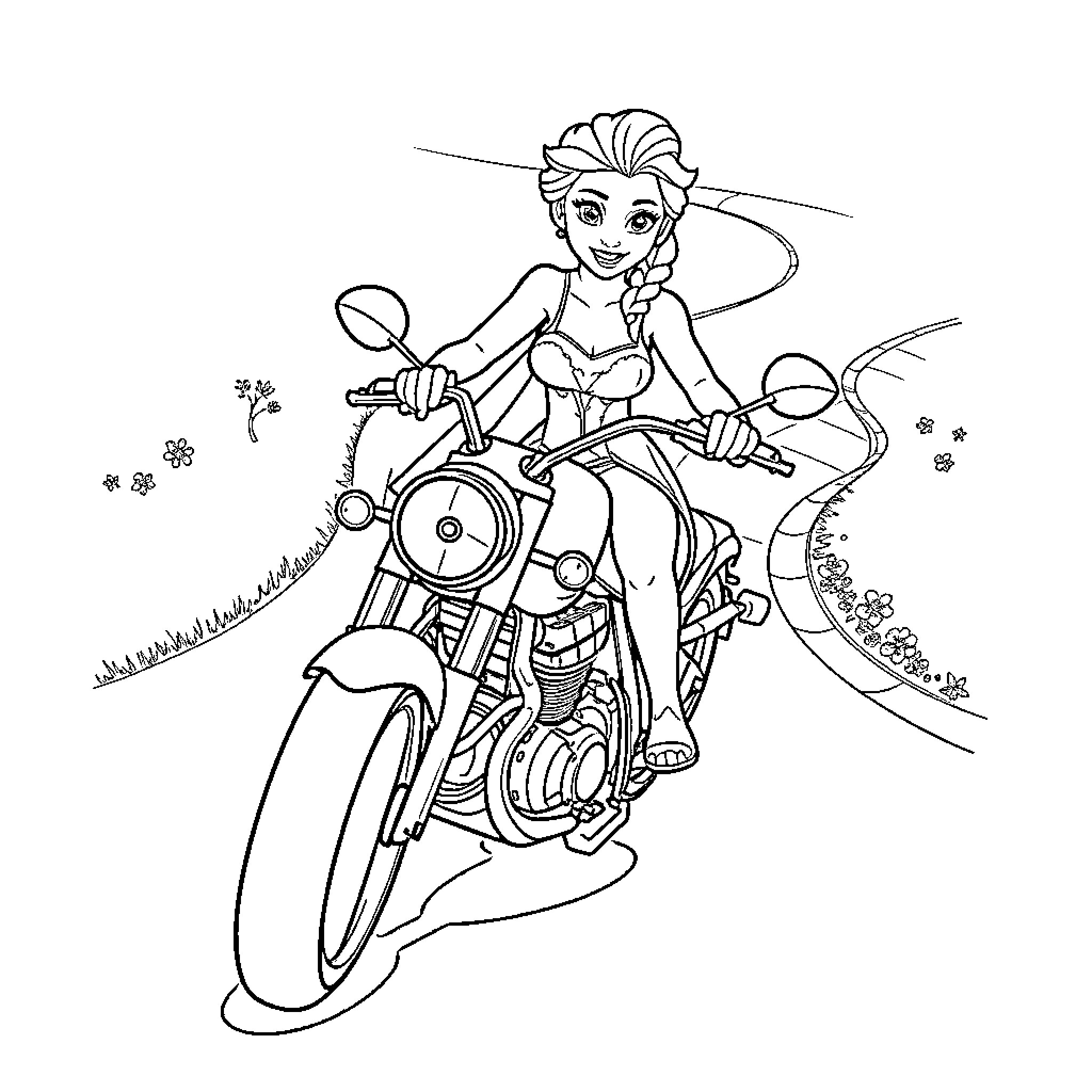 Elsa riding a motorcycle through a fairy-tale landscape Coloring Page (free black-and-white line drawing printable PDF for all, from beginners to advanced learners, including children, teens, adults, and seniors)