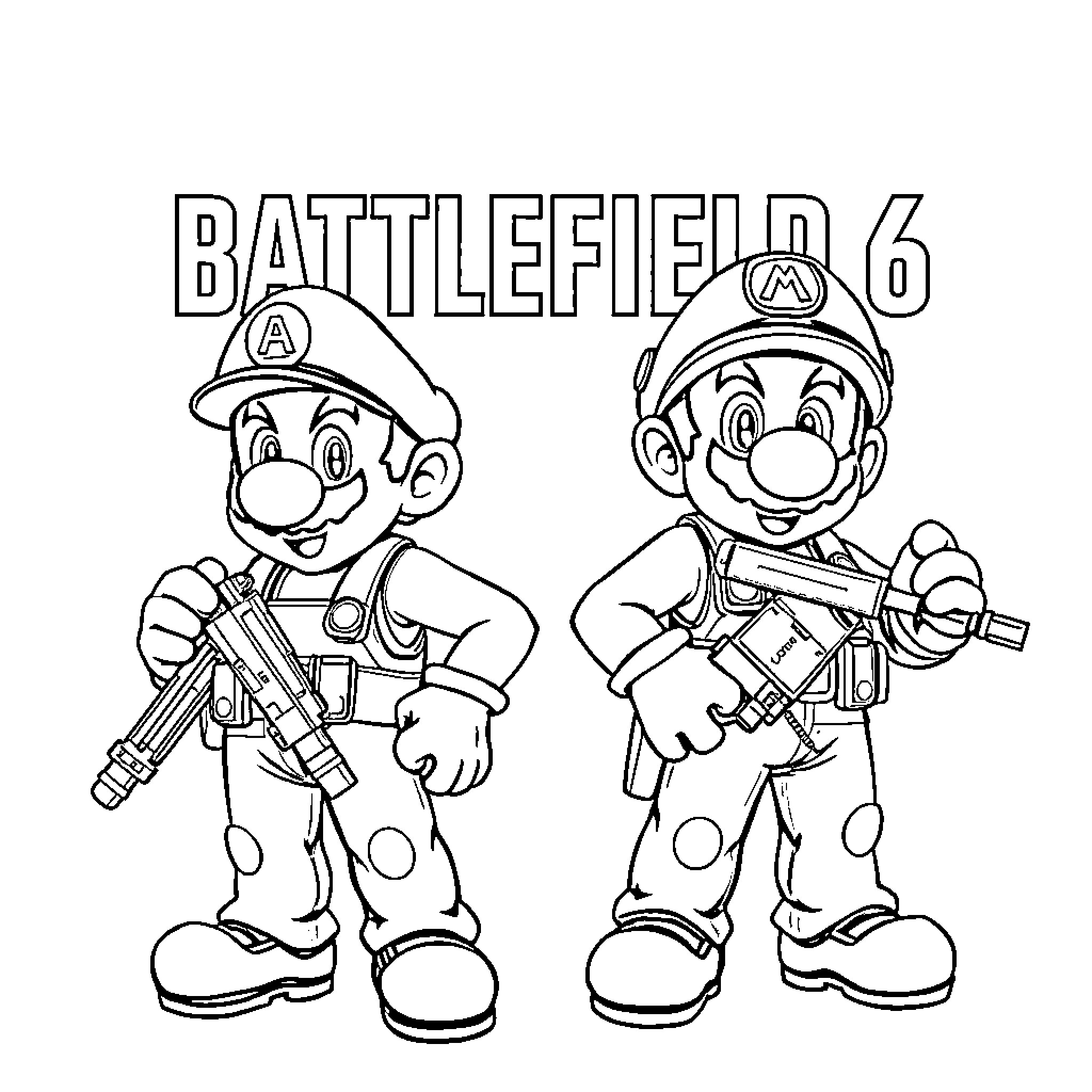 Super Mario Brothers in Battlefield Uniforms Coloring Page (free black-and-white line drawing printable PDF for all, from beginners to advanced learners, including children, teens, adults, and seniors)