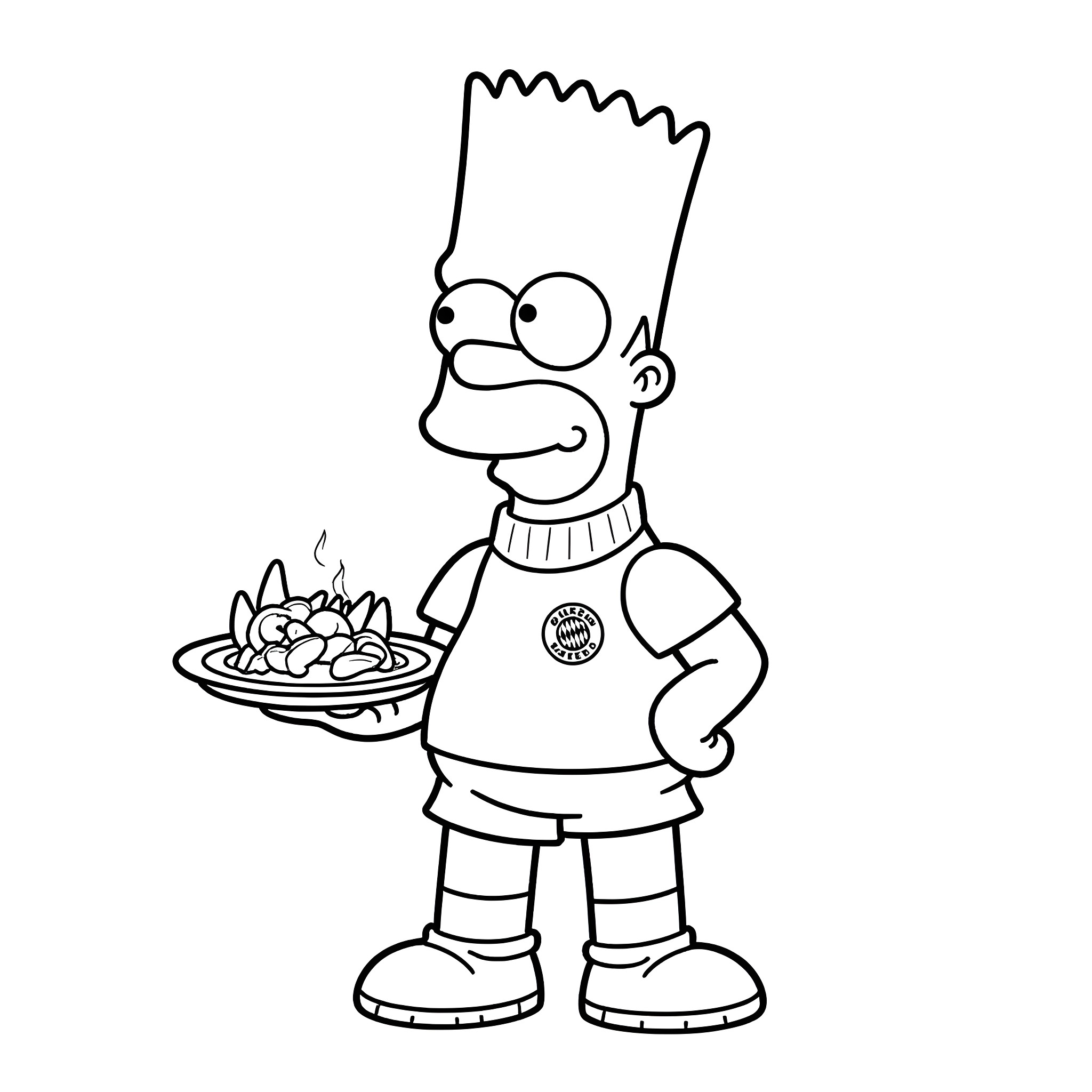 Homer Simpson serving a hot meal Coloring Page (free black-and-white line drawing printable PDF for all, from beginners to advanced learners, including children, teens, adults, and seniors)