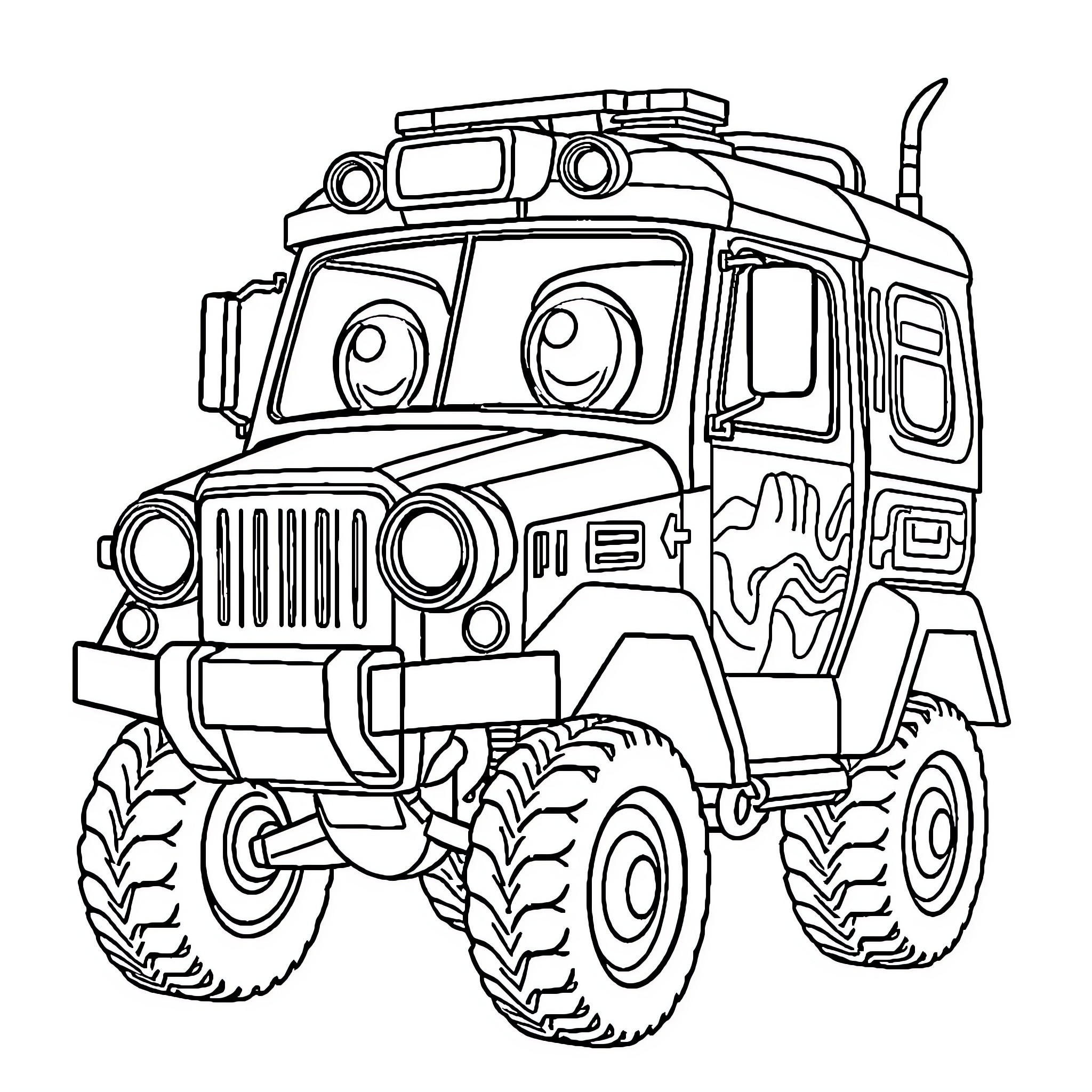 Light Armored Vehicle Exploring Rugged Terrain Coloring Page (free black-and-white line drawing printable PDF for all, from beginners to advanced learners, including children, teens, adults, and seniors)
