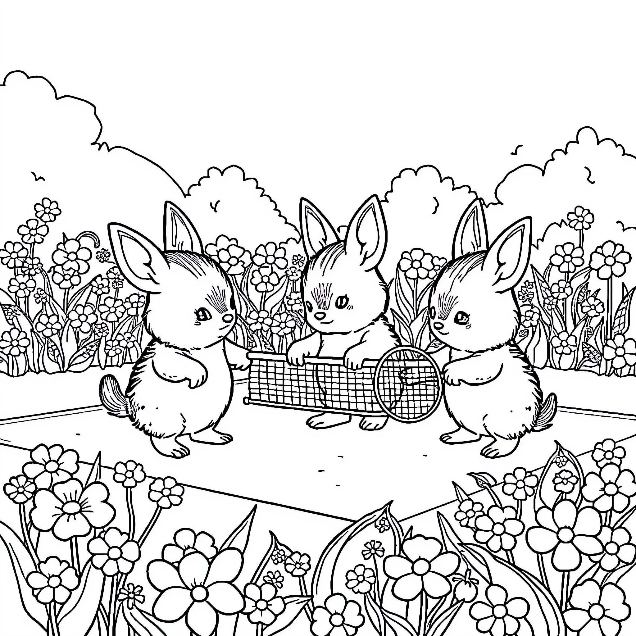 Conejito Bunnies Playing in Floral Garden Coloring Page (free black-and-white line drawing printable PDF for all, from beginners to advanced learners, including children, teens, adults, and seniors)
