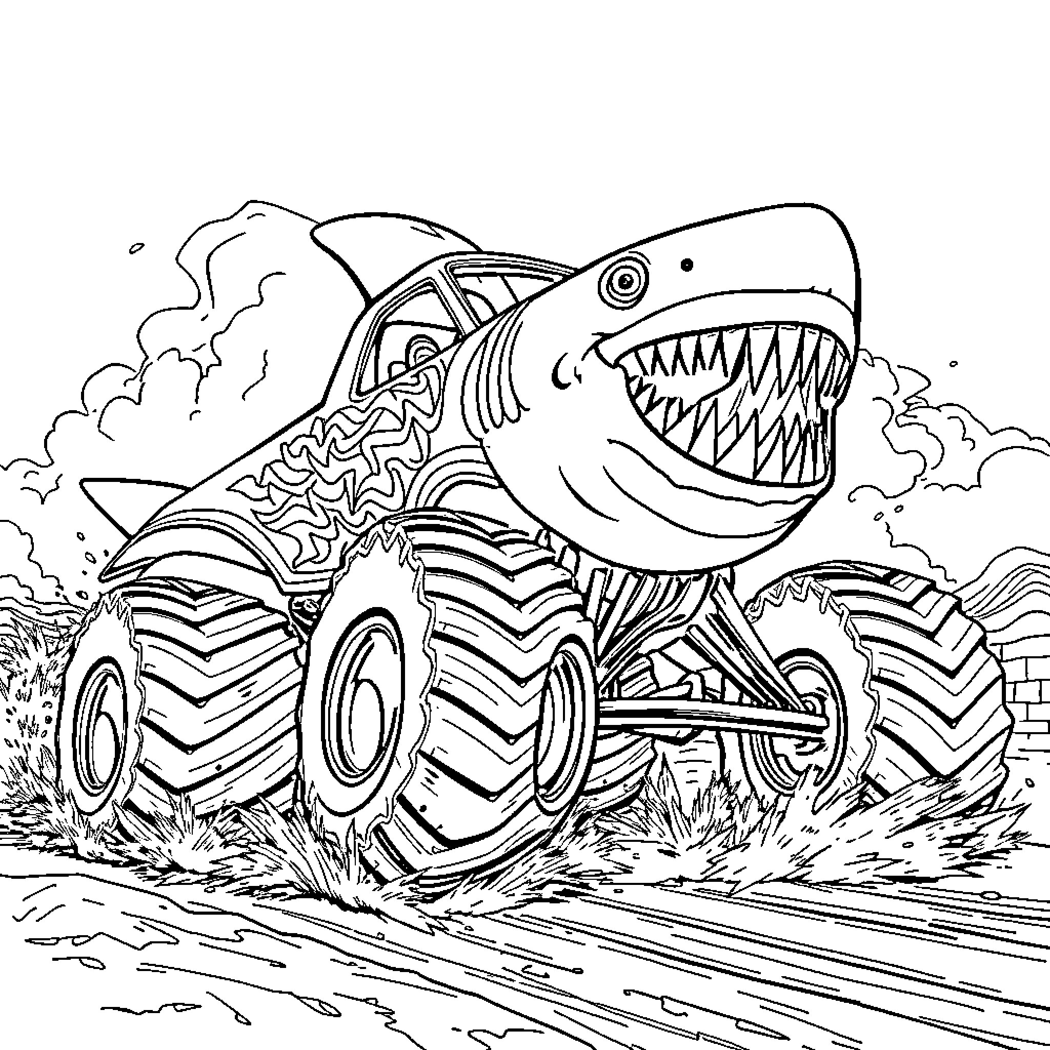 Shark Monster Truck Crushing Through the Wilderness Coloring Page (free black-and-white line drawing printable PDF for all, from beginners to advanced learners, including children, teens, adults, and seniors)