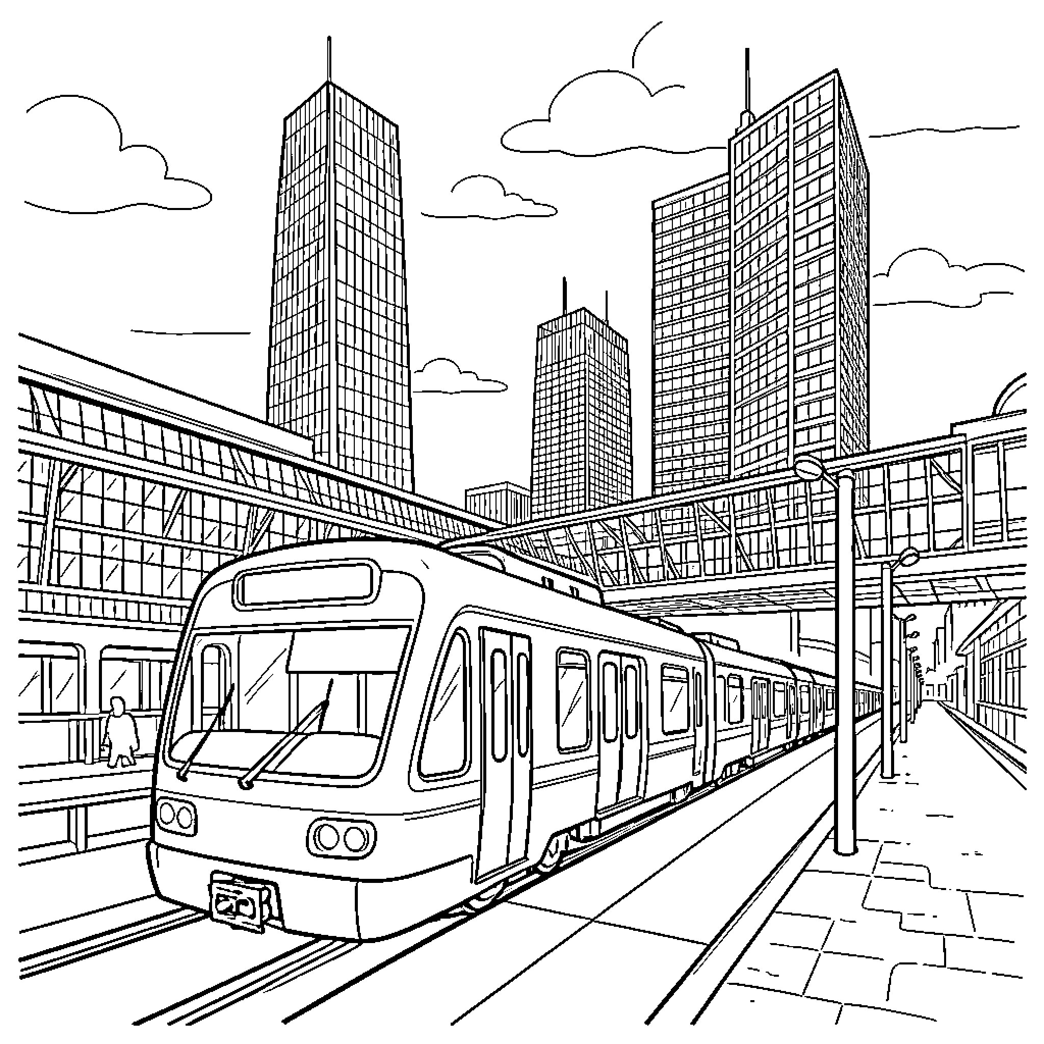 Metro train arriving at a modern city station Coloring Page (free black-and-white line drawing printable PDF for all, from beginners to advanced learners, including children, teens, adults, and seniors)