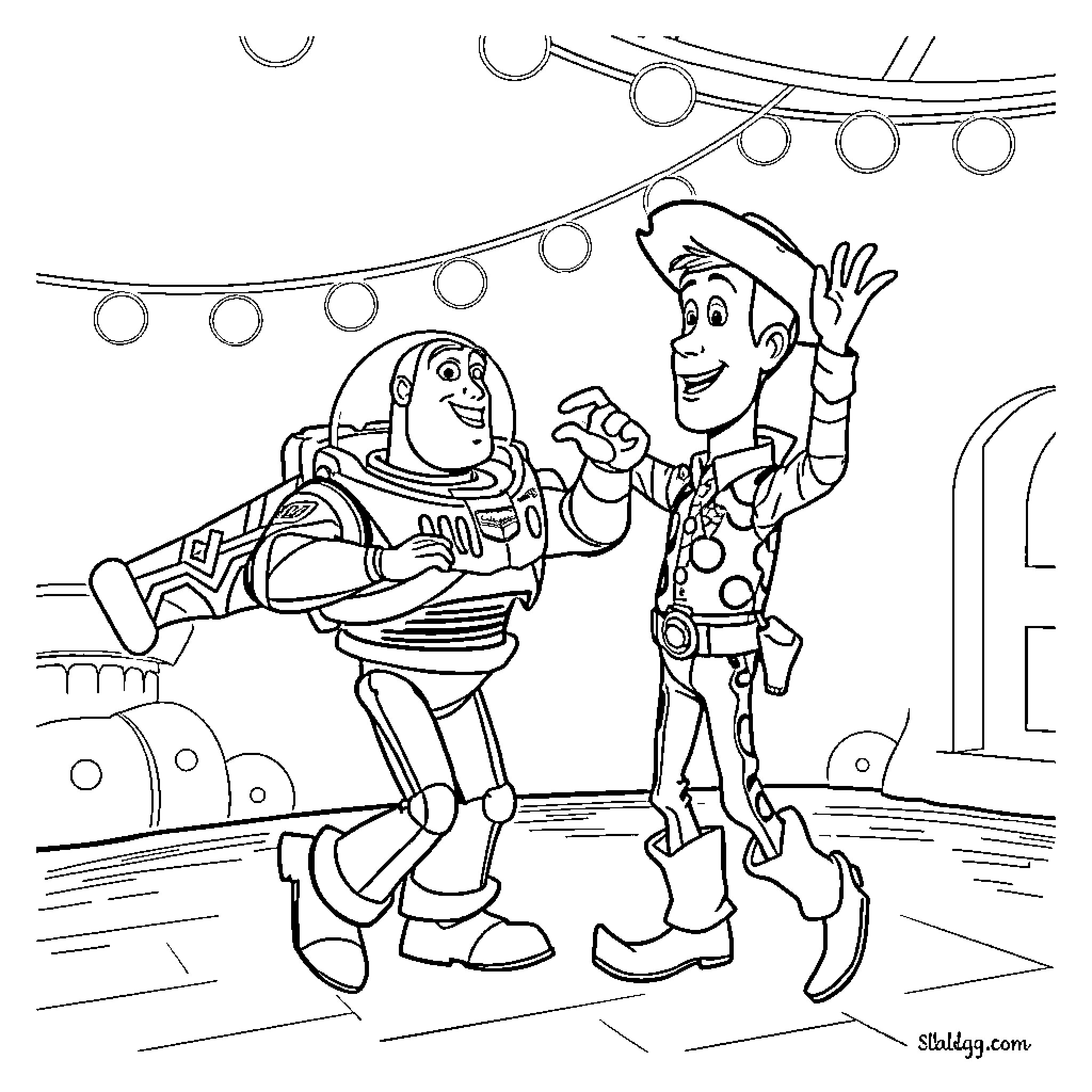 Buzz and Woody having a lively conversation Coloring Page (free black-and-white line drawing printable PDF for all, from beginners to advanced learners, including children, teens, adults, and seniors)