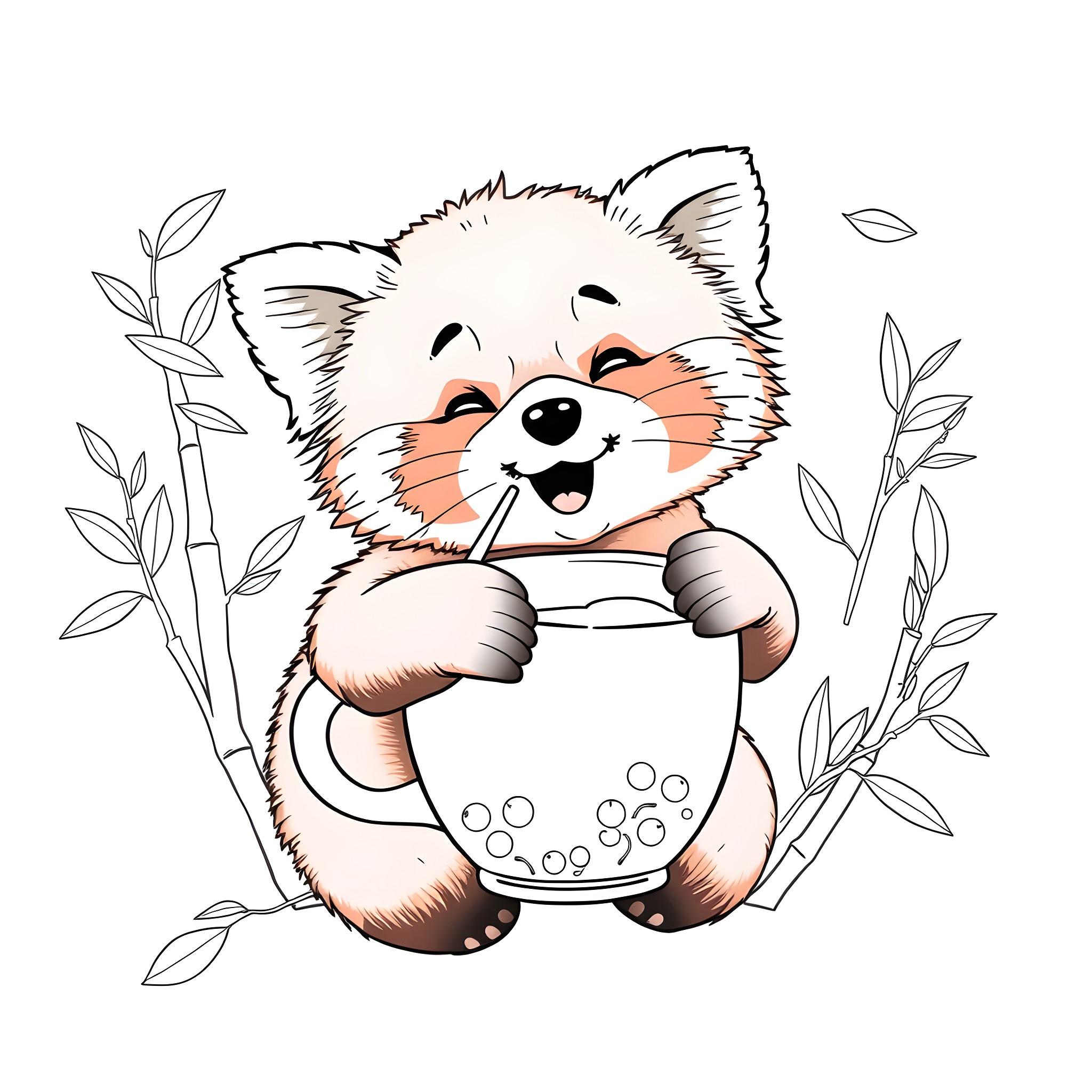 Red Panda enjoying a snack in nature Coloring Page (free black-and-white line drawing printable PDF for all, from beginners to advanced learners, including children, teens, adults, and seniors)