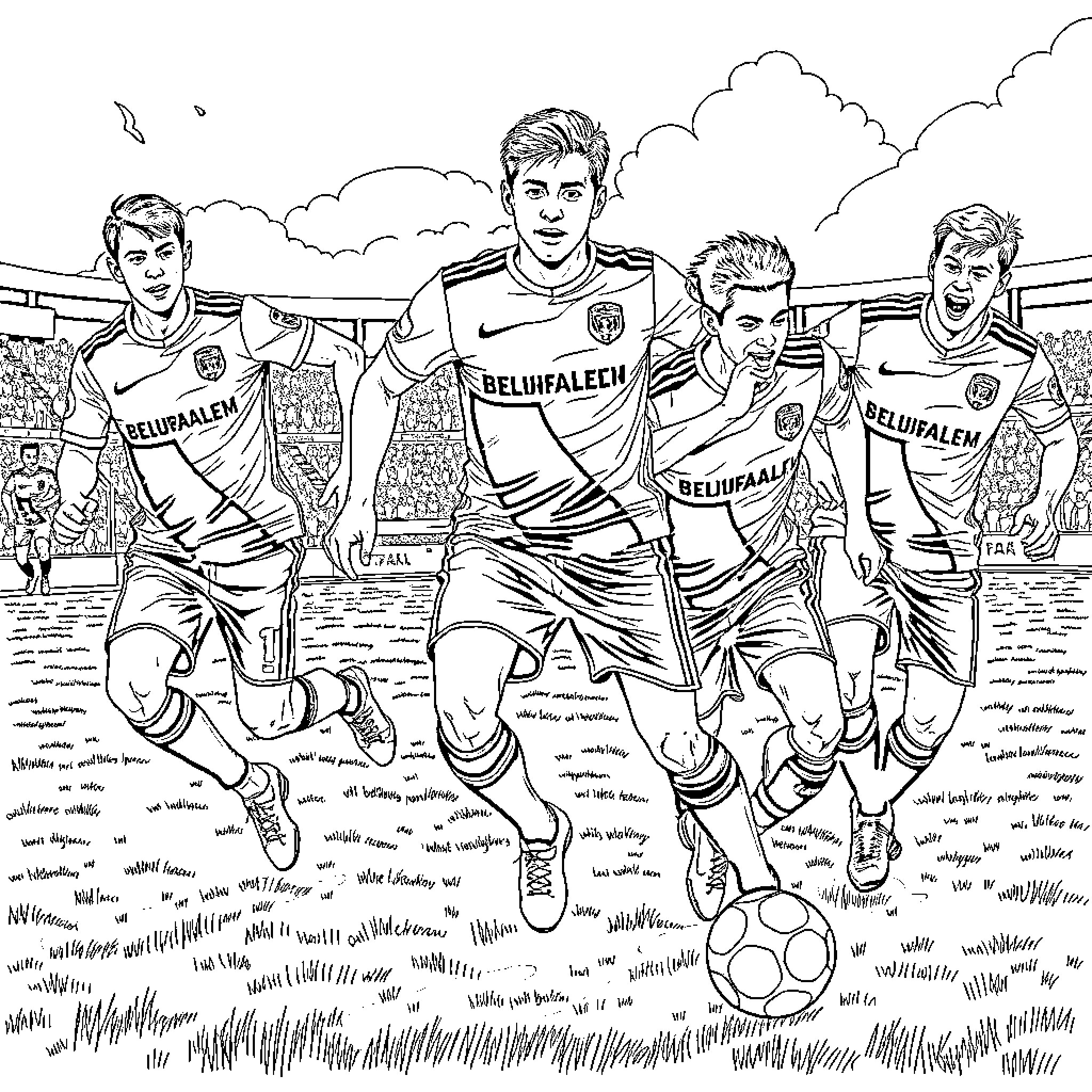 Beitar Jerusalem soccer players in action on the field Coloring Page (free black-and-white line drawing printable PDF for all, from beginners to advanced learners, including children, teens, adults, and seniors)