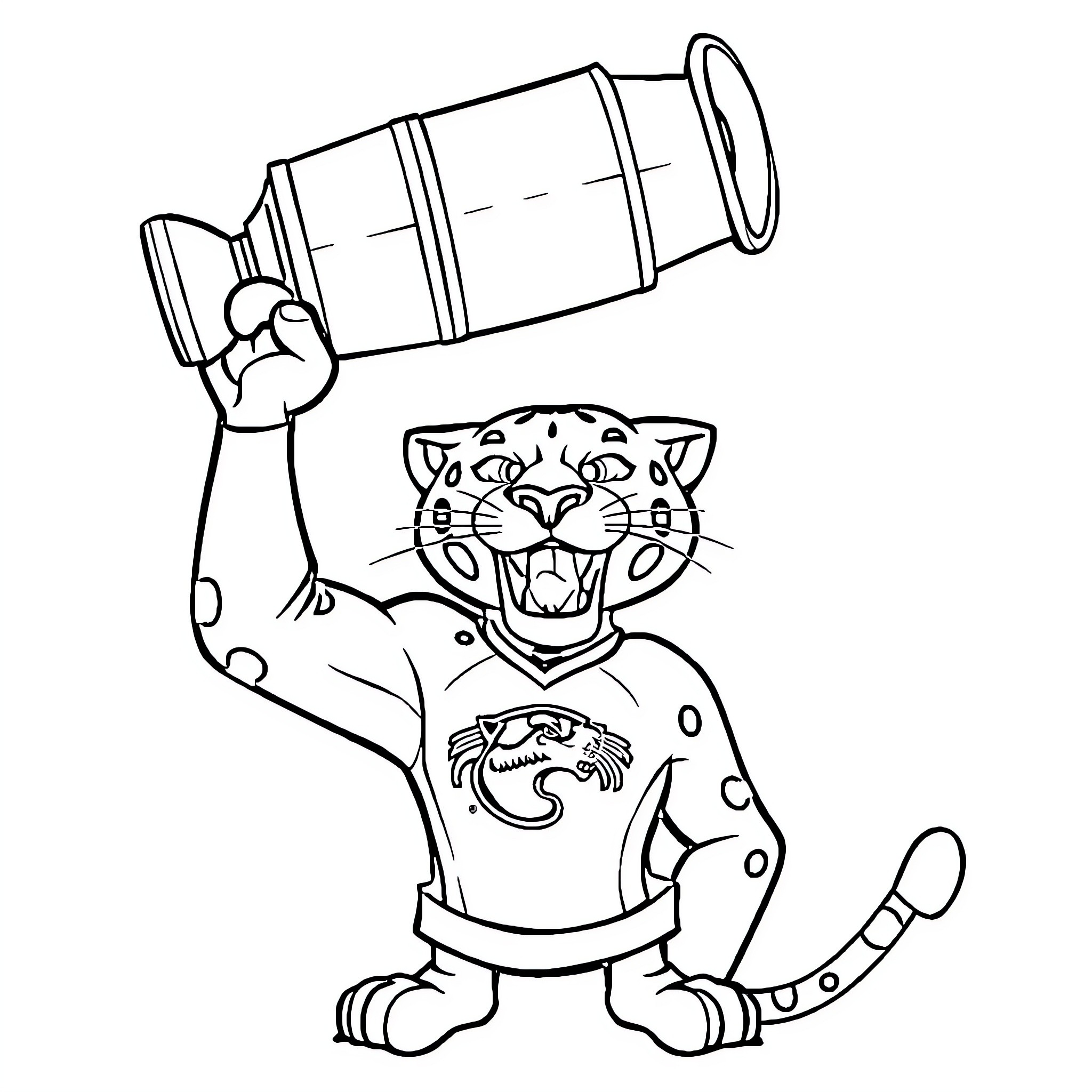 Stanley C Panther celebrating with a trophy Coloring Page (free black-and-white line drawing printable PDF for all, from beginners to advanced learners, including children, teens, adults, and seniors)