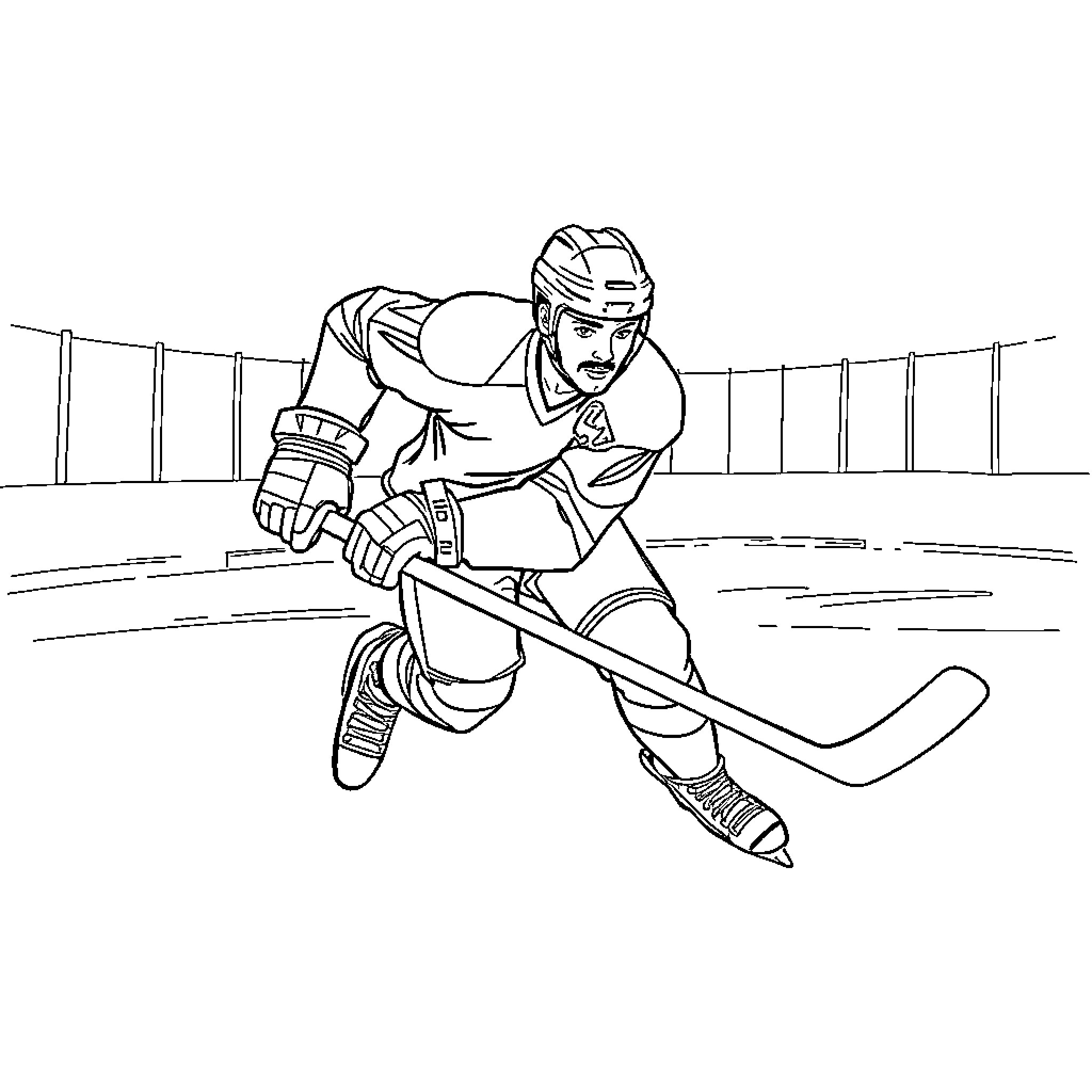 Hockey Player Skating Aggressively on Ice Rink Coloring Page (free black-and-white line drawing printable PDF for all, from beginners to advanced learners, including children, teens, adults, and seniors)