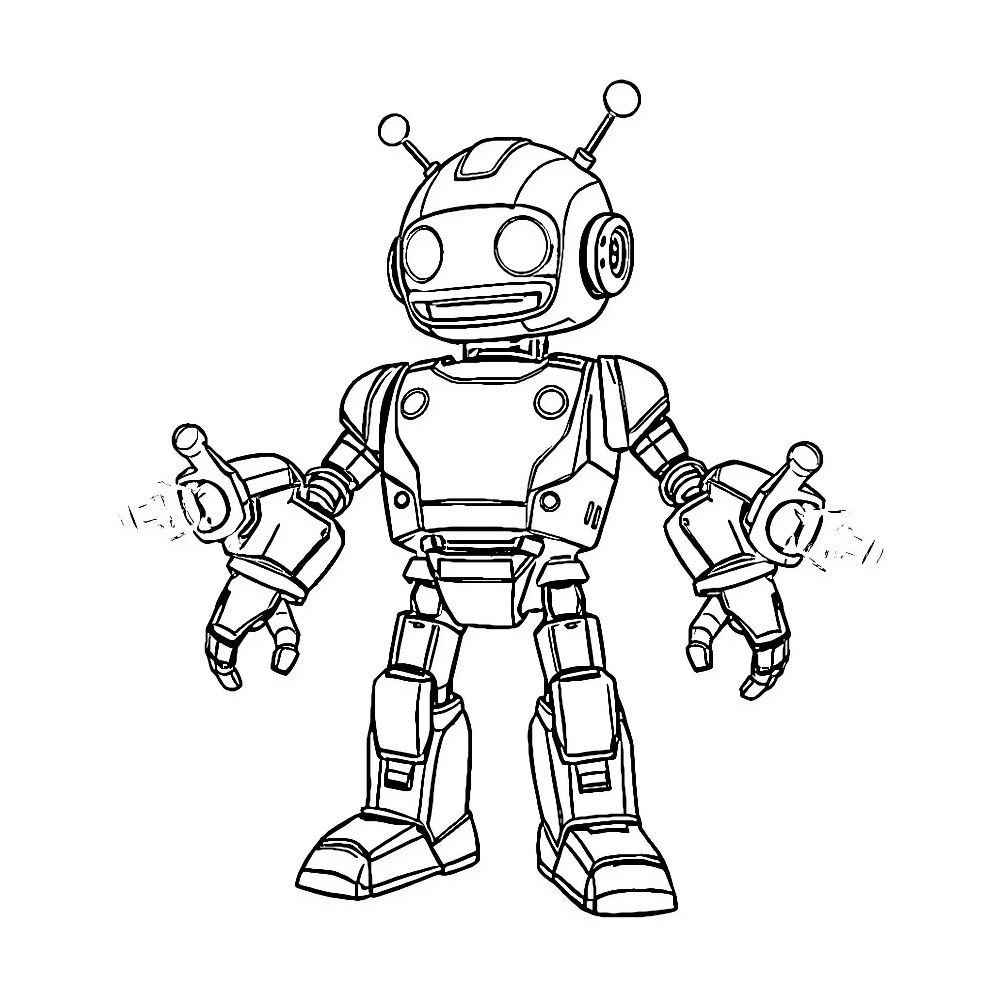 Robot with Robotic Arms and Antenna Coloring Page (free black-and-white line drawing printable PDF for all, from beginners to advanced learners, including children, teens, adults, and seniors)