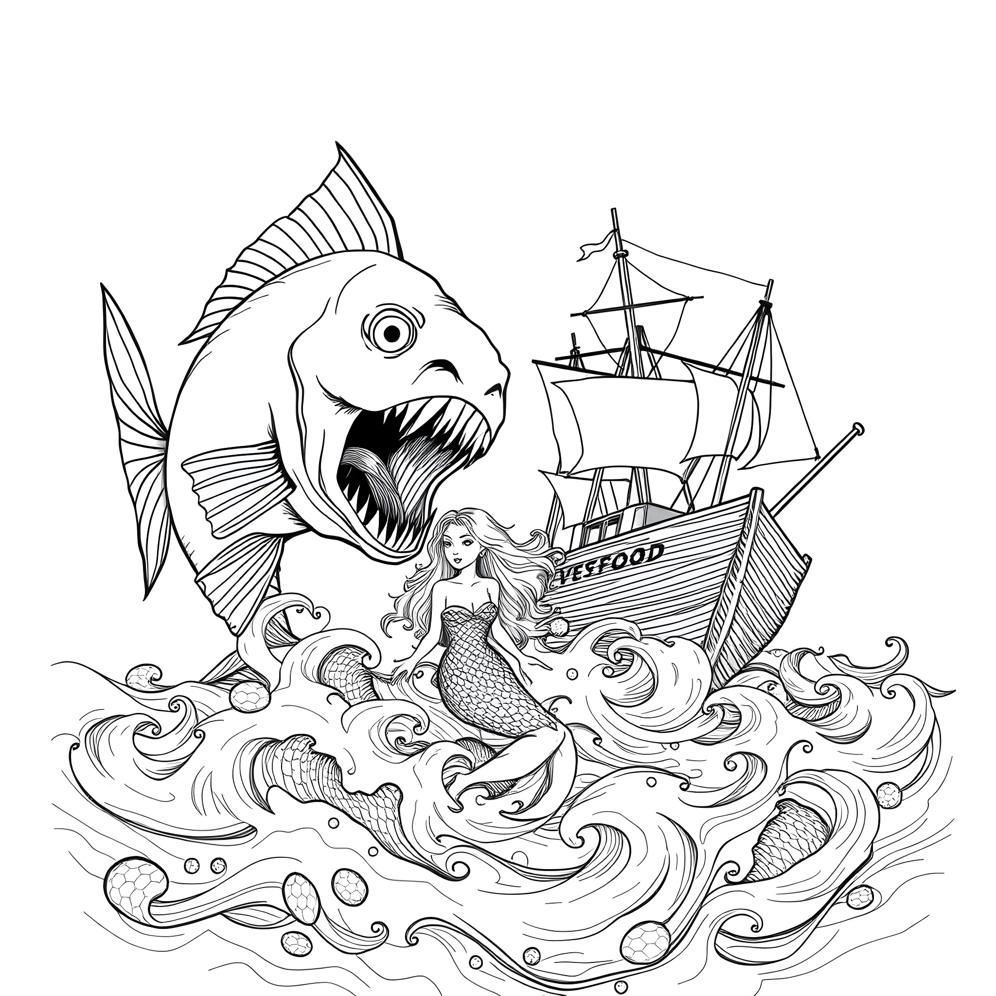Fish with giant maw encounters mermaid on ship Coloring Page (free black-and-white line drawing printable PDF for all, from beginners to advanced learners, including children, teens, adults, and seniors)