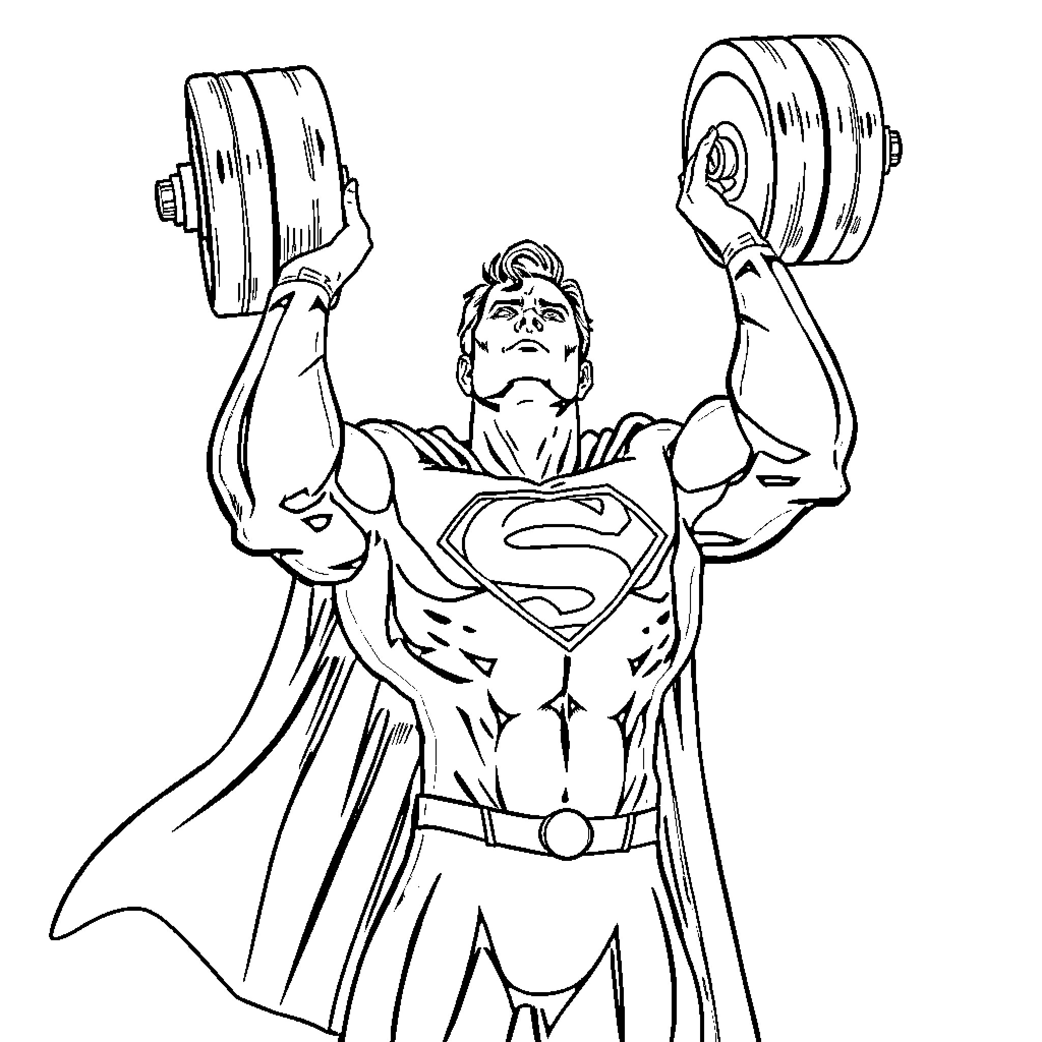 Superman lifting weights with determination Coloring Page (free black-and-white line drawing printable PDF for all, from beginners to advanced learners, including children, teens, adults, and seniors)