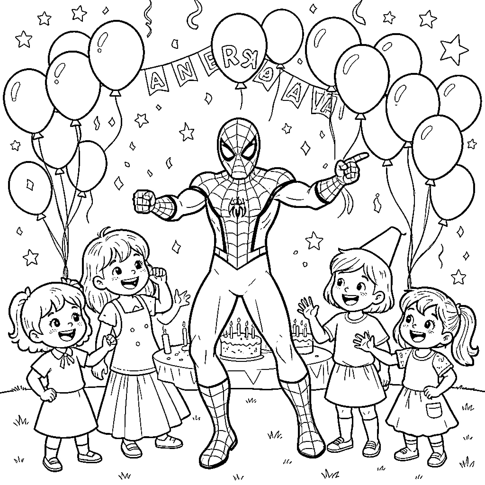 Spiderman celebrates with children at a party Coloring Page (free black-and-white line drawing printable PDF for all, from beginners to advanced learners, including children, teens, adults, and seniors)