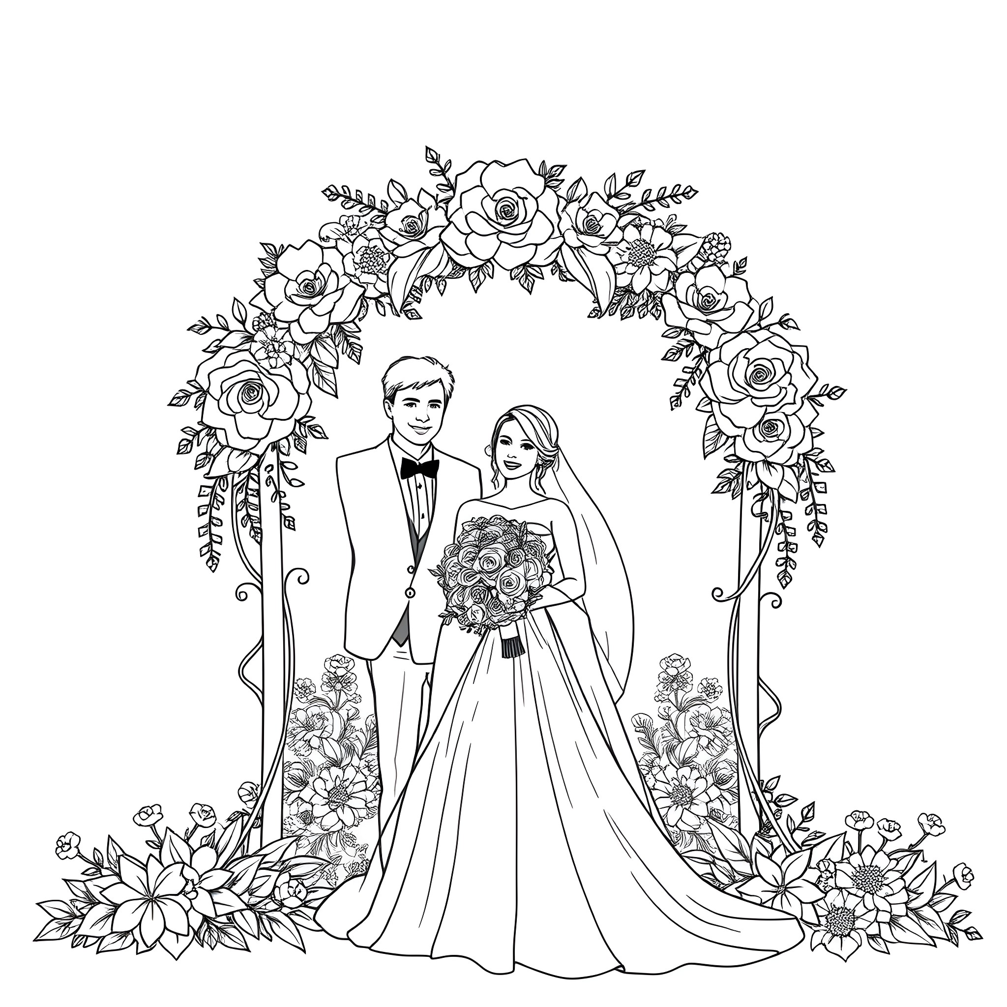 Bride and Groom Under Floral Arch Coloring Page (free black-and-white line drawing printable PDF for all, from beginners to advanced learners, including children, teens, adults, and seniors)