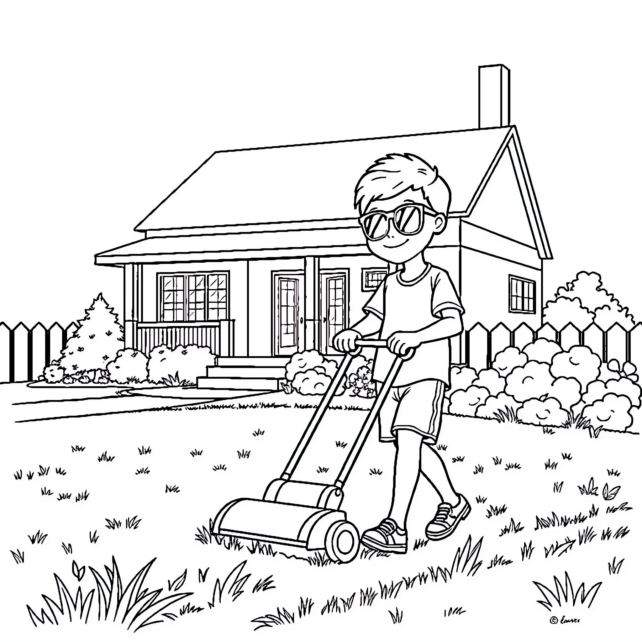Boy mowing the lawn in front of his house Coloring Page (free black-and-white line drawing printable PDF for all, from beginners to advanced learners, including children, teens, adults, and seniors)