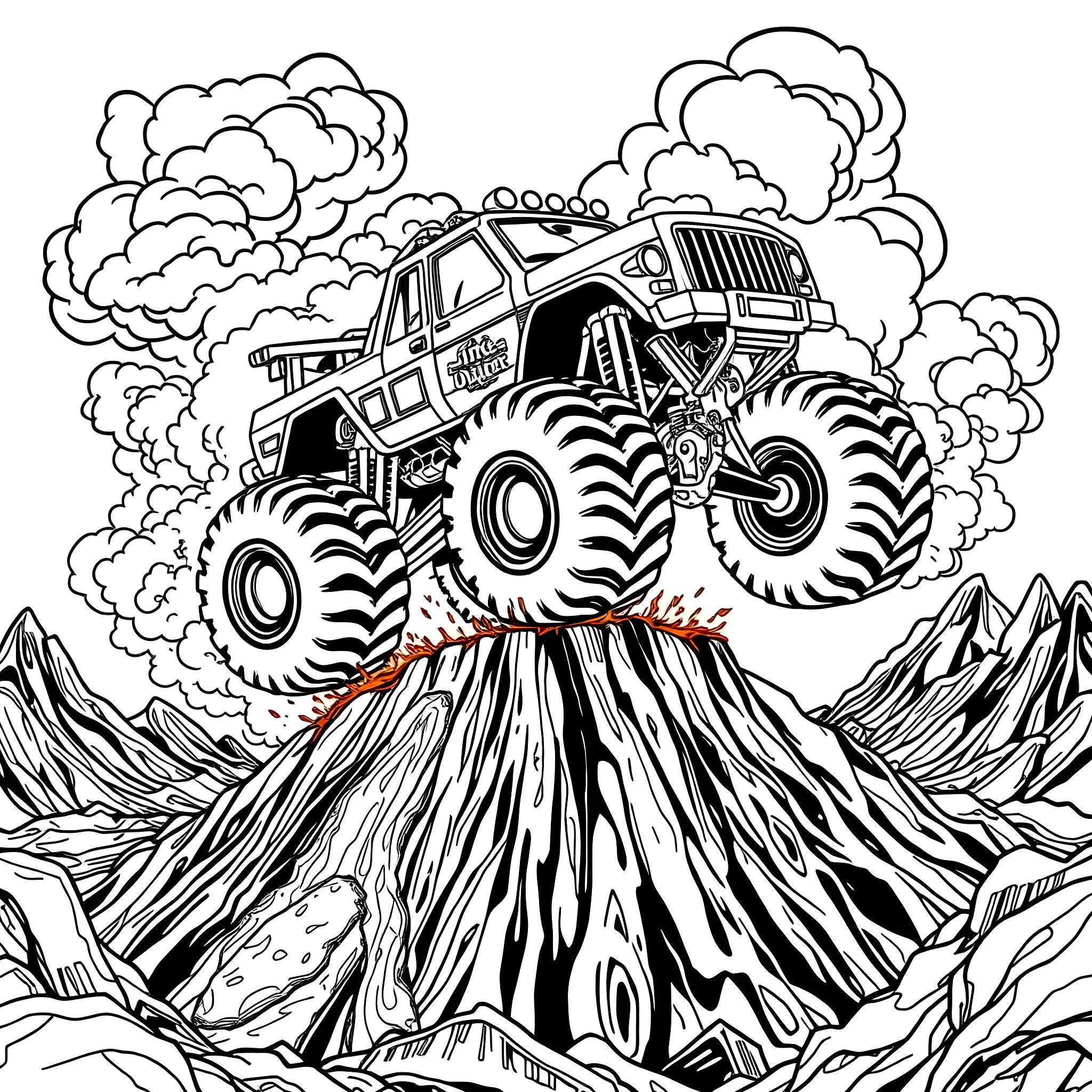 Monster Truck Conquering Rugged Terrain Coloring Page (free black-and-white line drawing printable PDF for all, from beginners to advanced learners, including children, teens, adults, and seniors)