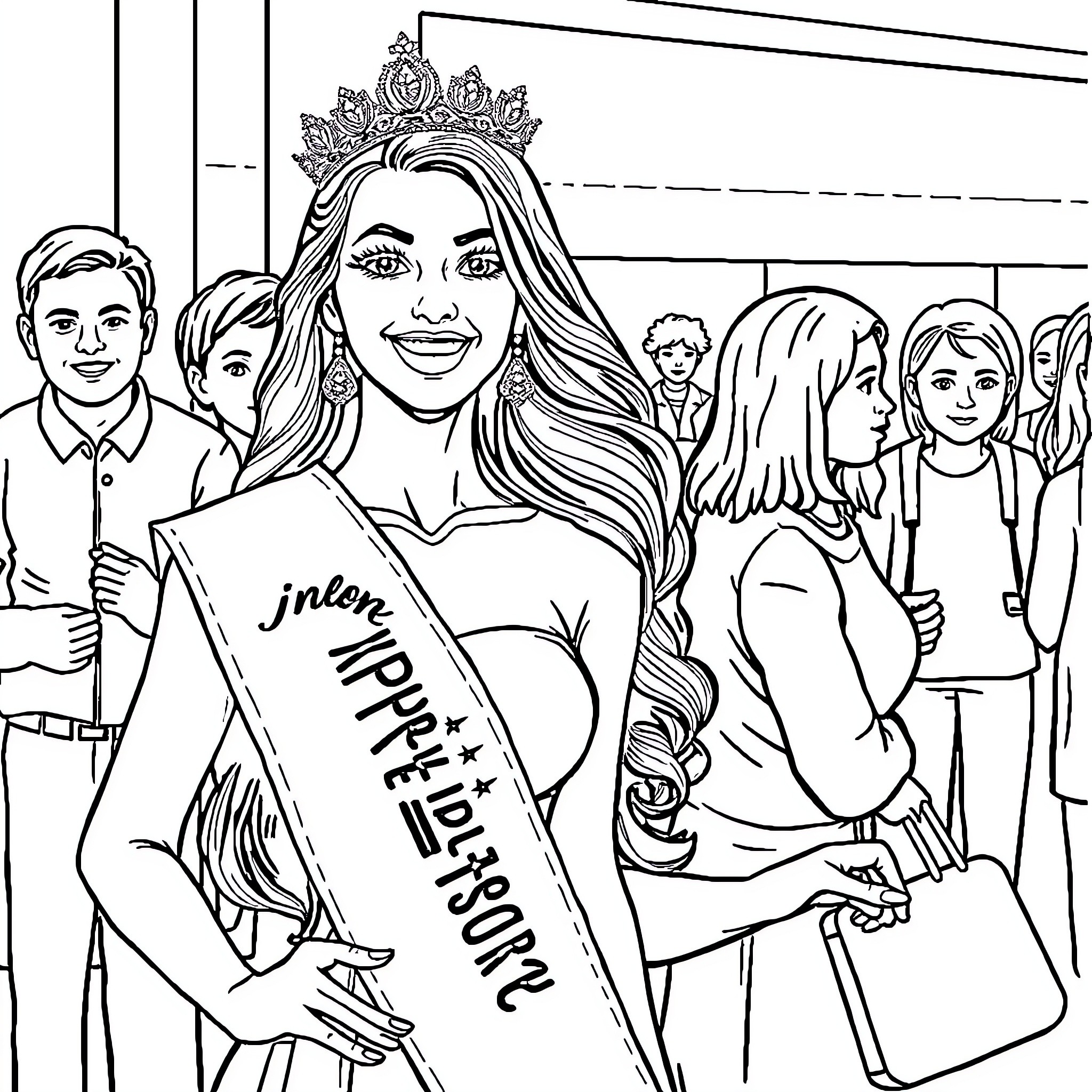Pageant Queen Celebrates Victory with Supporters Coloring Page (free black-and-white line drawing printable PDF for all, from beginners to advanced learners, including children, teens, adults, and seniors)