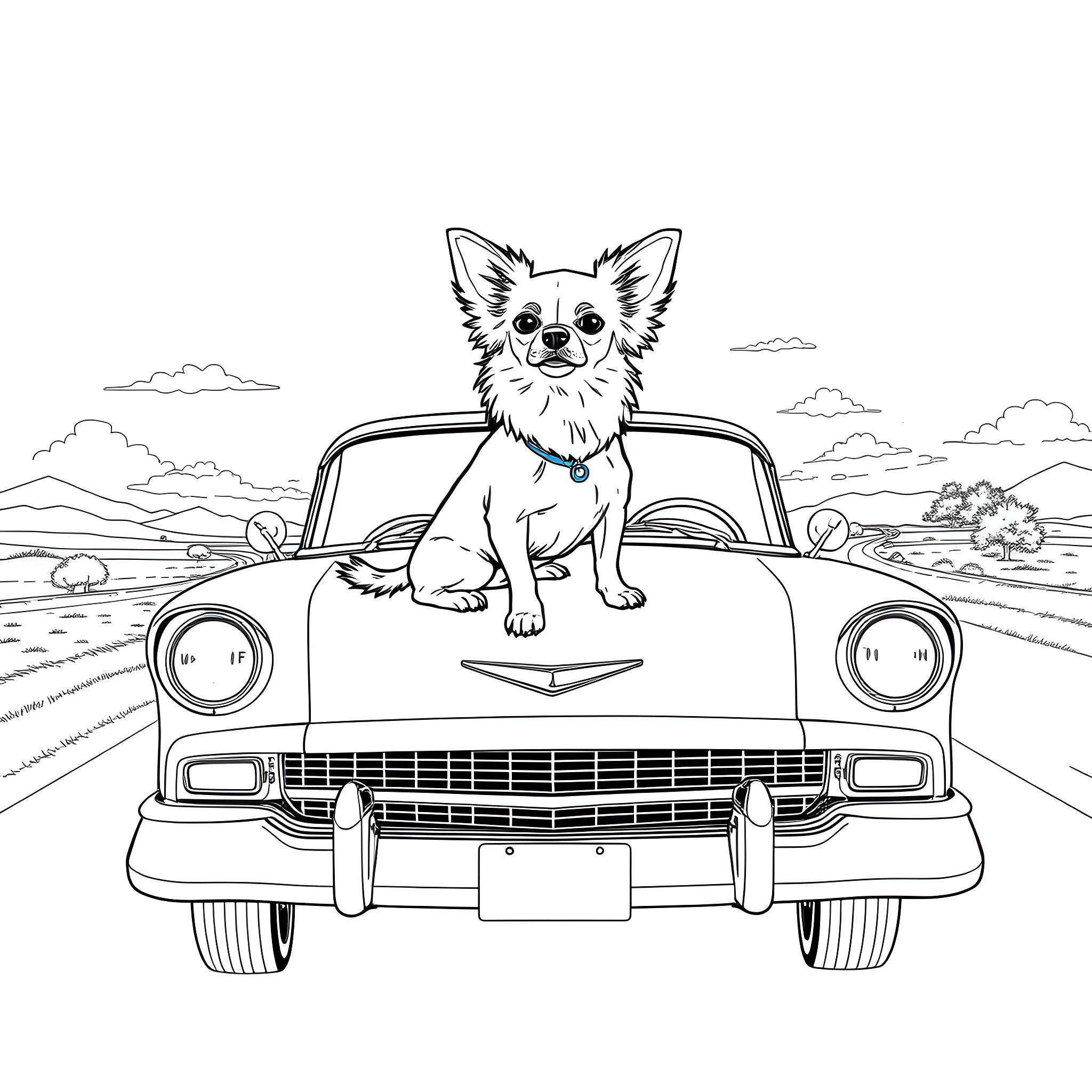Chihuahua riding in a vintage car on the open road Coloring Page (free black-and-white line drawing printable PDF for all, from beginners to advanced learners, including children, teens, adults, and seniors)