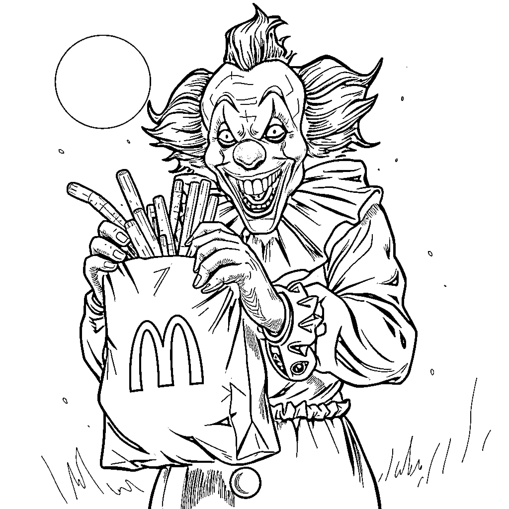 Killer Clown Delivering Fast Food with Sinister Grin Coloring Page (free black-and-white line drawing printable PDF for all, from beginners to advanced learners, including children, teens, adults, and seniors)