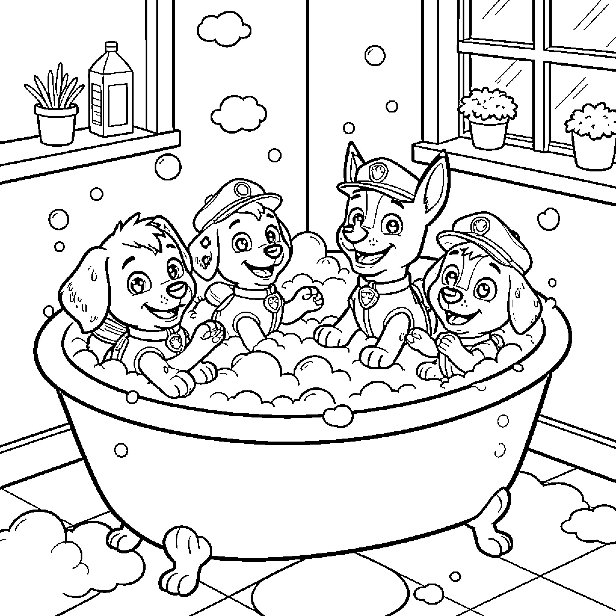 Paw Patrol pups having fun in a bubbly bathtub Coloring Page (free black-and-white line drawing printable PDF for all, from beginners to advanced learners, including children, teens, adults, and seniors)