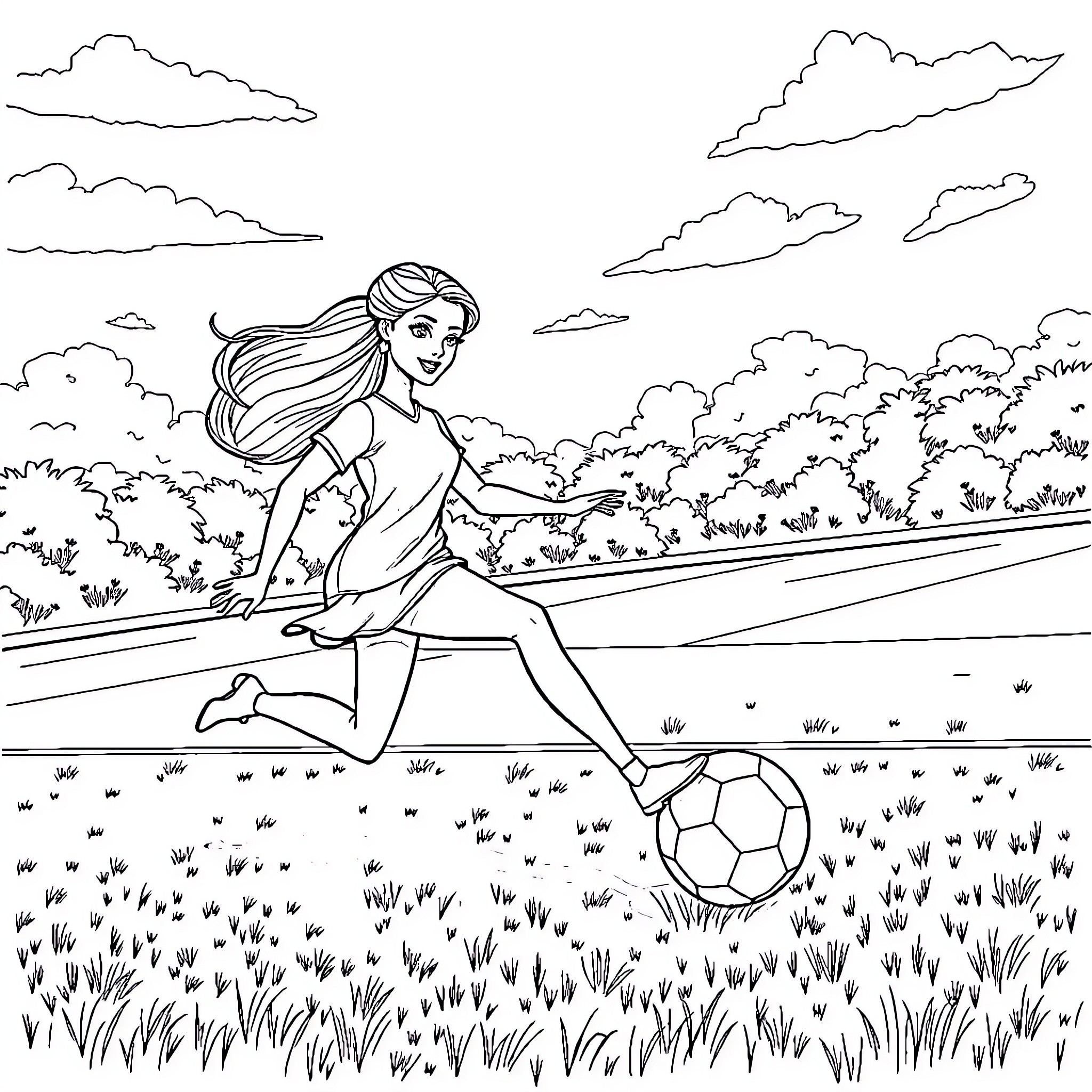 Barbie playing soccer in the field Coloring Page (free black-and-white line drawing printable PDF for all, from beginners to advanced learners, including children, teens, adults, and seniors)