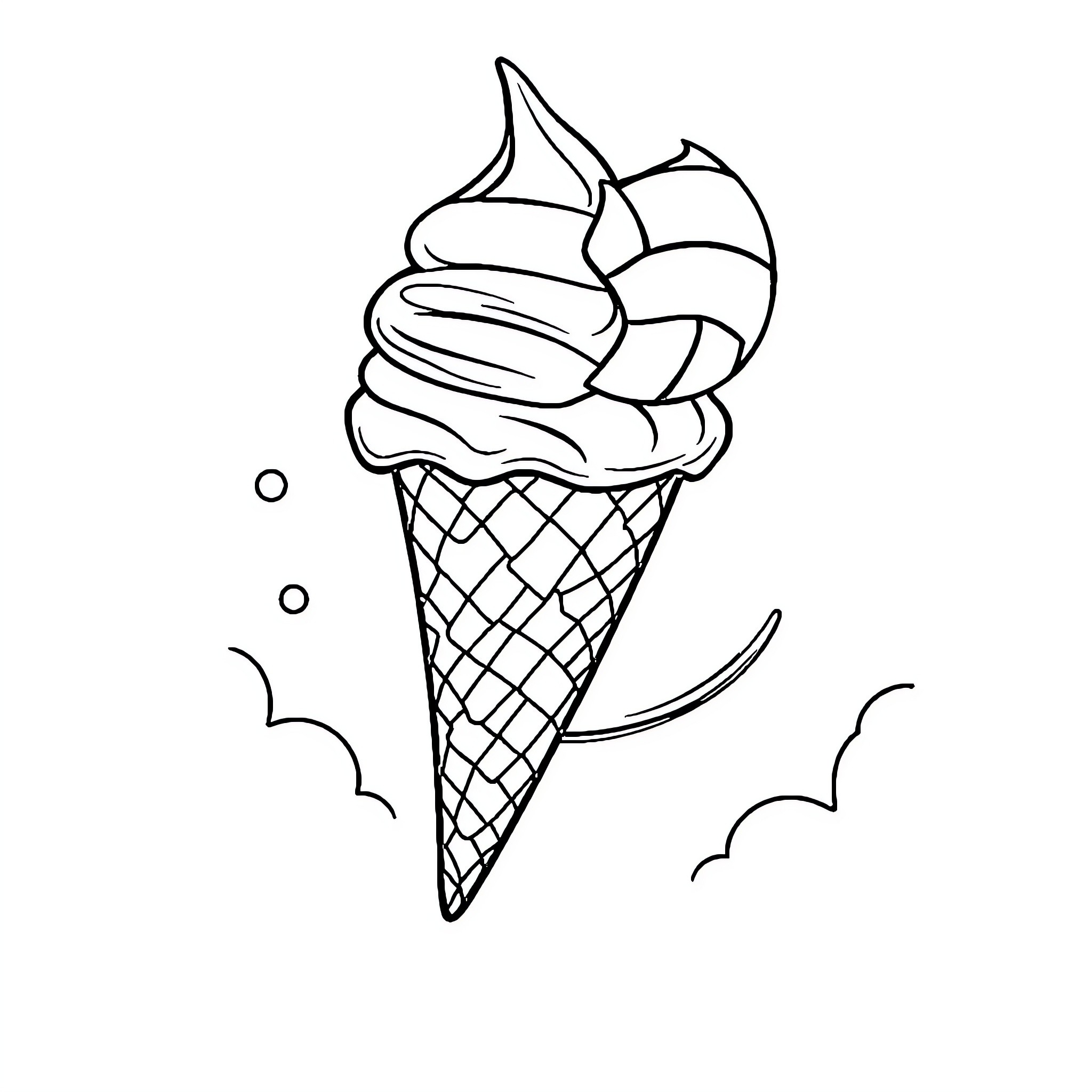 Ice Cream Cone with Swirling Treat Coloring Page (free black-and-white line drawing printable PDF for all, from beginners to advanced learners, including children, teens, adults, and seniors)