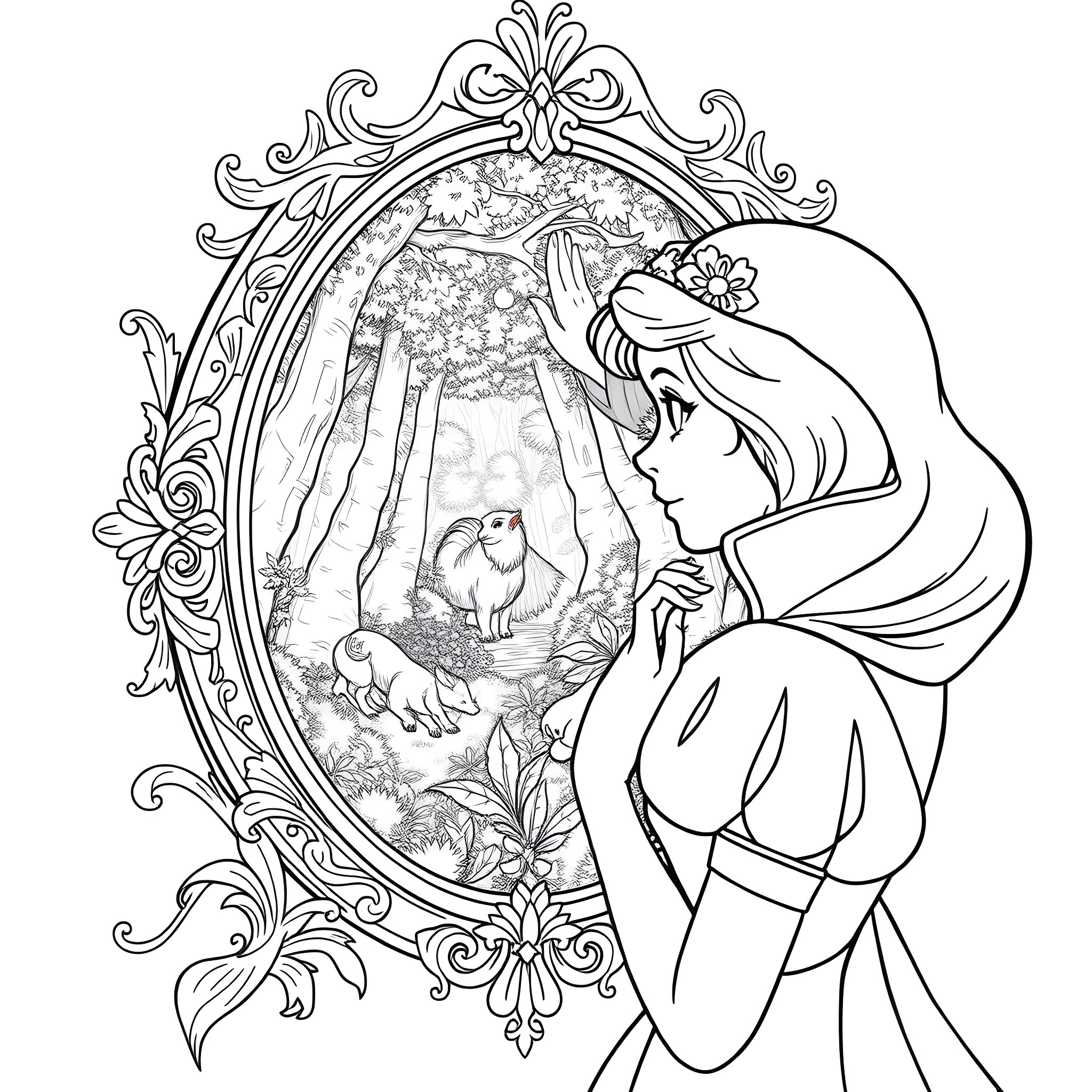 Snow White admiring a bird in the enchanted forest Coloring Page (free black-and-white line drawing printable PDF for all, from beginners to advanced learners, including children, teens, adults, and seniors)