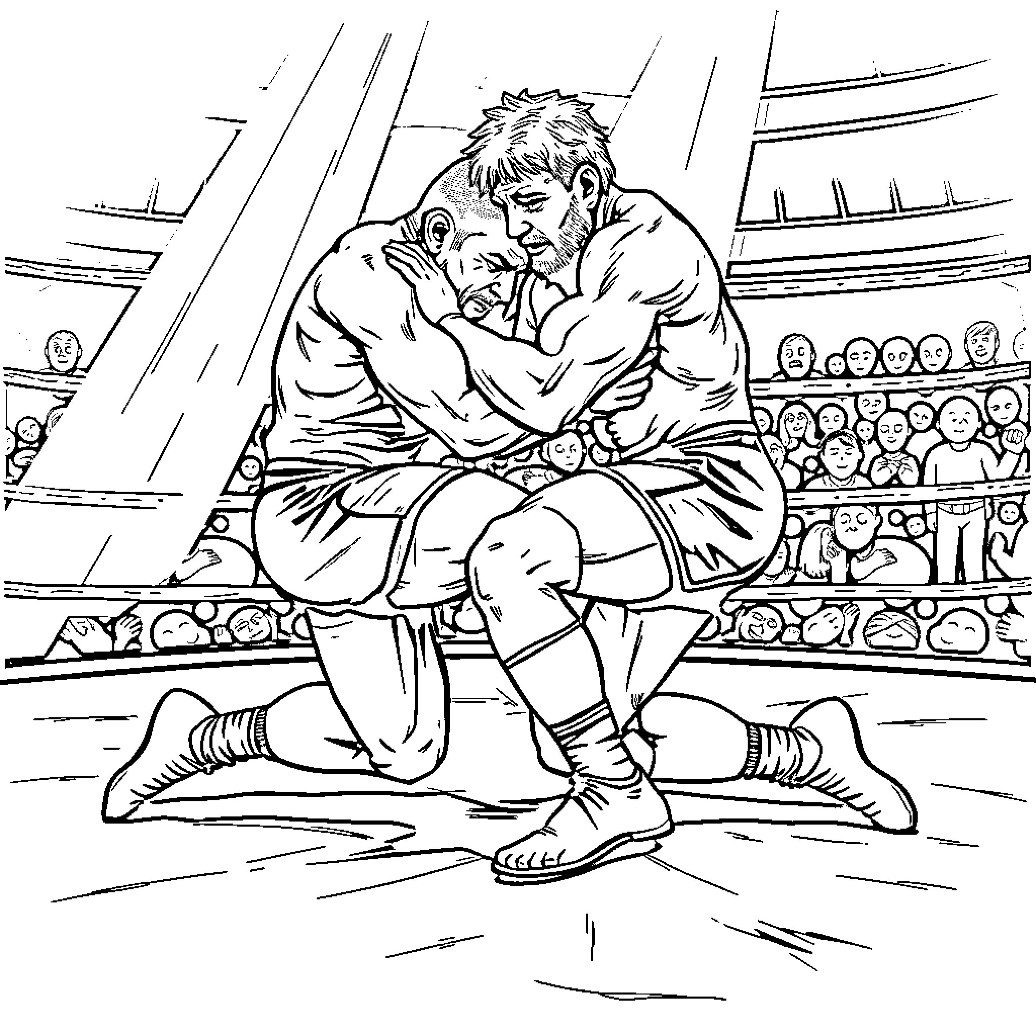 Wrestler Defeated in Intense Wrestling Match Coloring Page (free black-and-white line drawing printable PDF for all, from beginners to advanced learners, including children, teens, adults, and seniors)