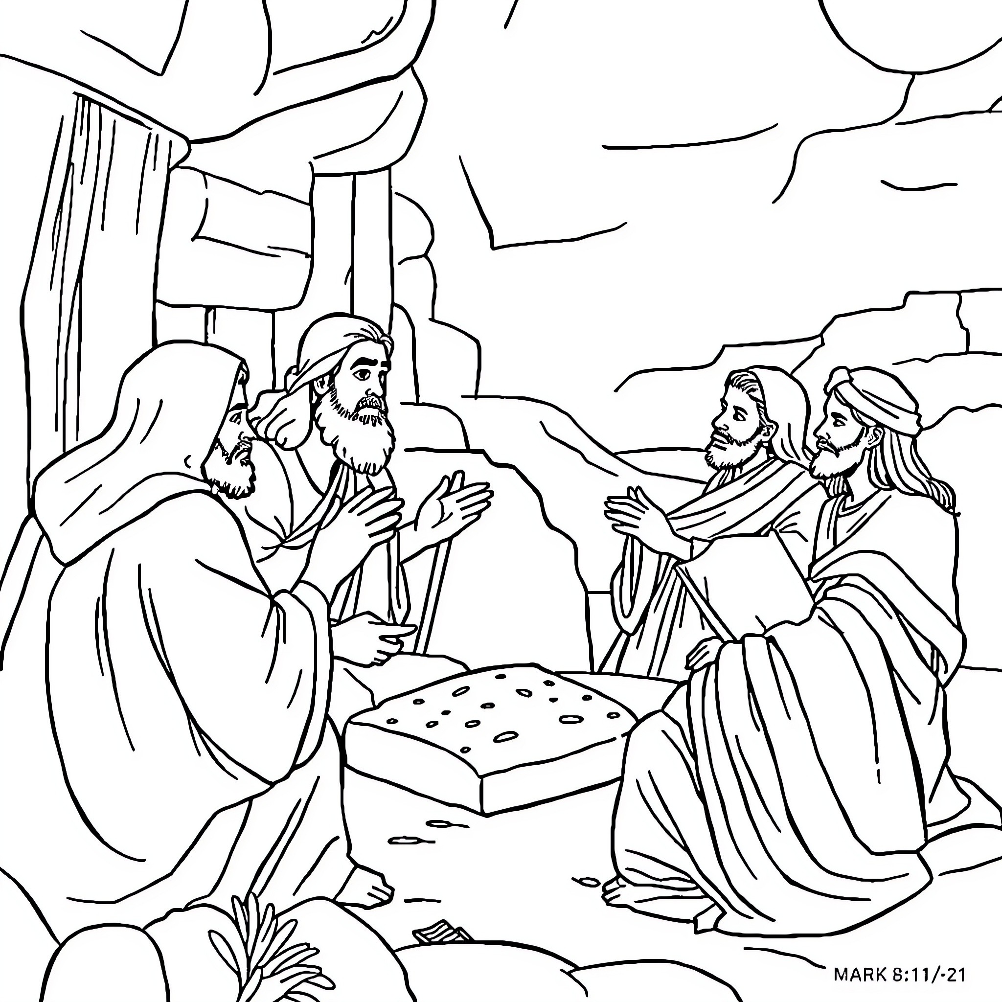 Bible scene of Jesus teaching his disciples Coloring Page (free black-and-white line drawing printable PDF for all, from beginners to advanced learners, including children, teens, adults, and seniors)