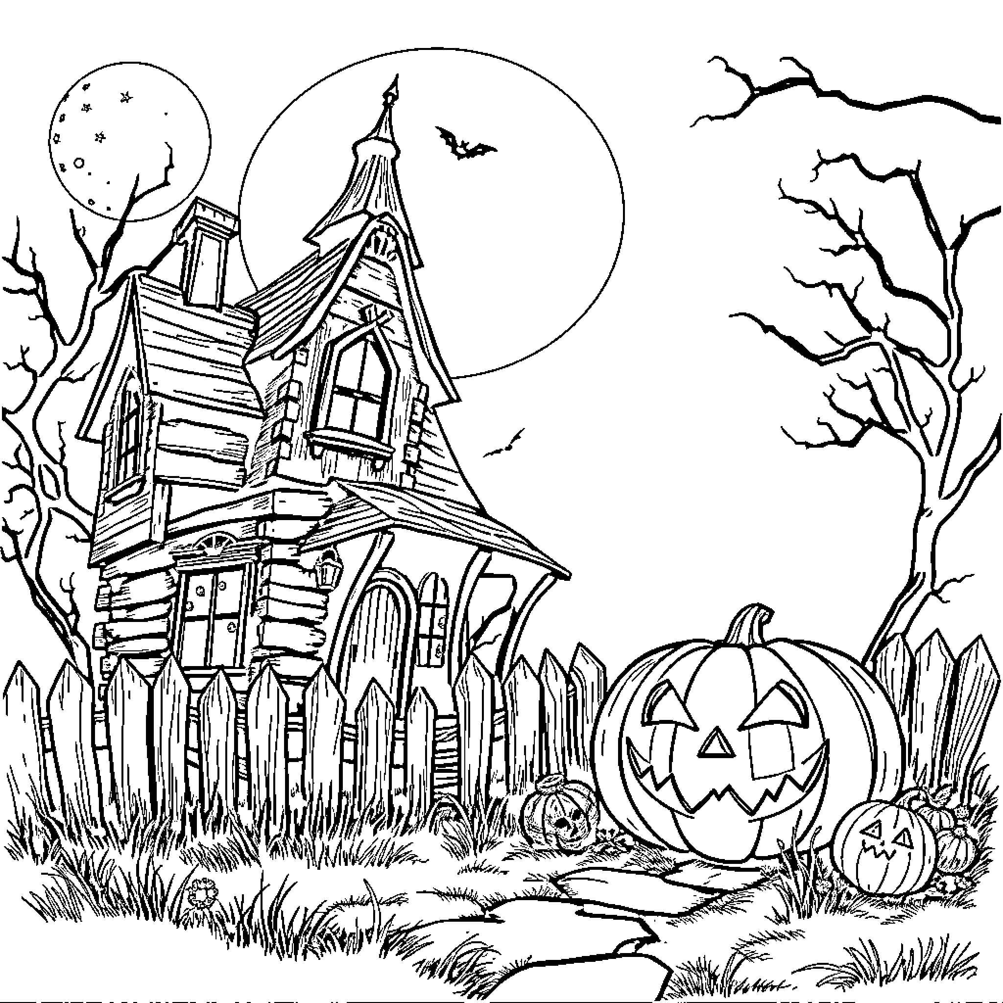 Pumpkin Haunted House in Spooky Moonlit Night Coloring Page (free black-and-white line drawing printable PDF for all, from beginners to advanced learners, including children, teens, adults, and seniors)