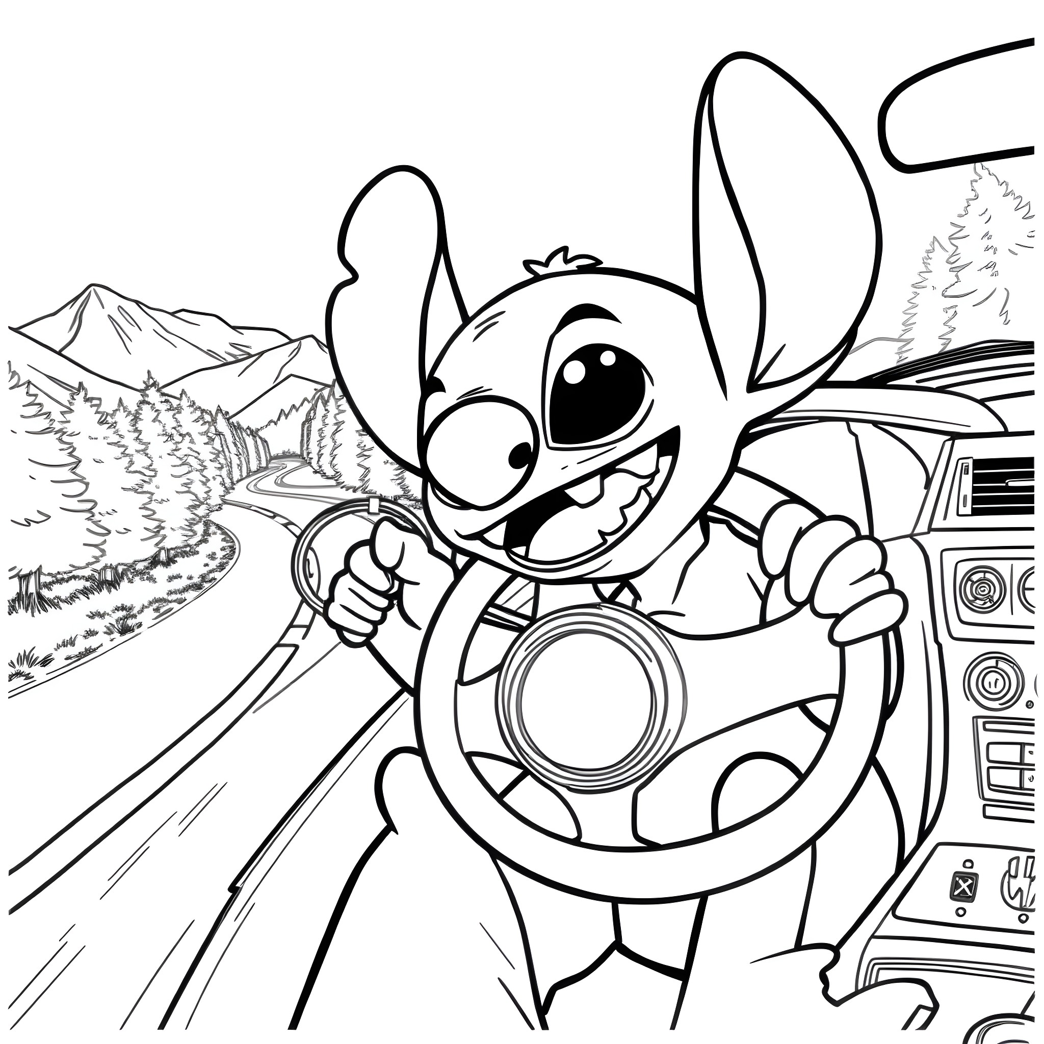 Stitch exploring the great outdoors with a camera Coloring Page (free black-and-white line drawing printable PDF for all, from beginners to advanced learners, including children, teens, adults, and seniors)