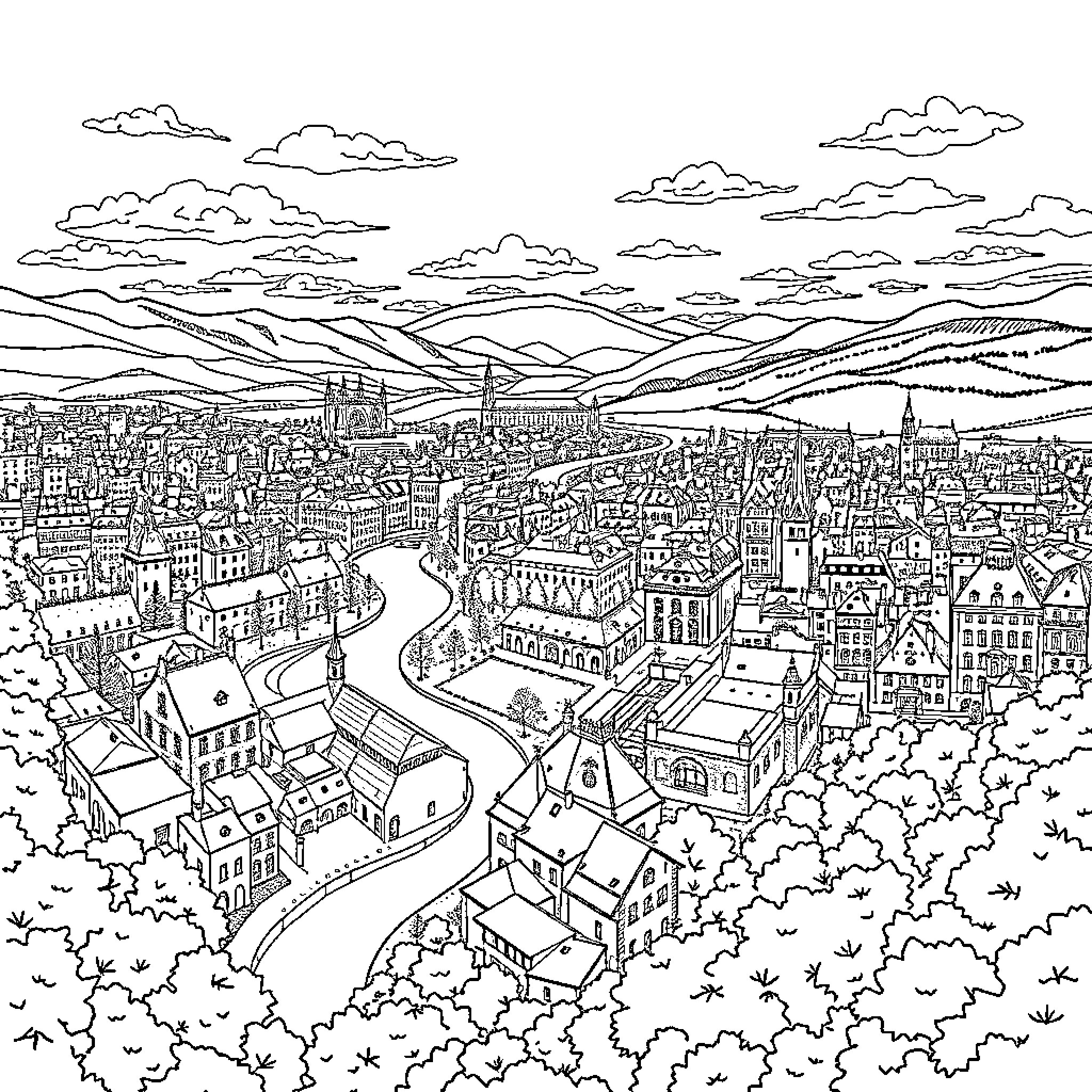 Karlovac cityscape with intricate buildings and landscape Coloring Page (free black-and-white line drawing printable PDF for all, from beginners to advanced learners, including children, teens, adults, and seniors)