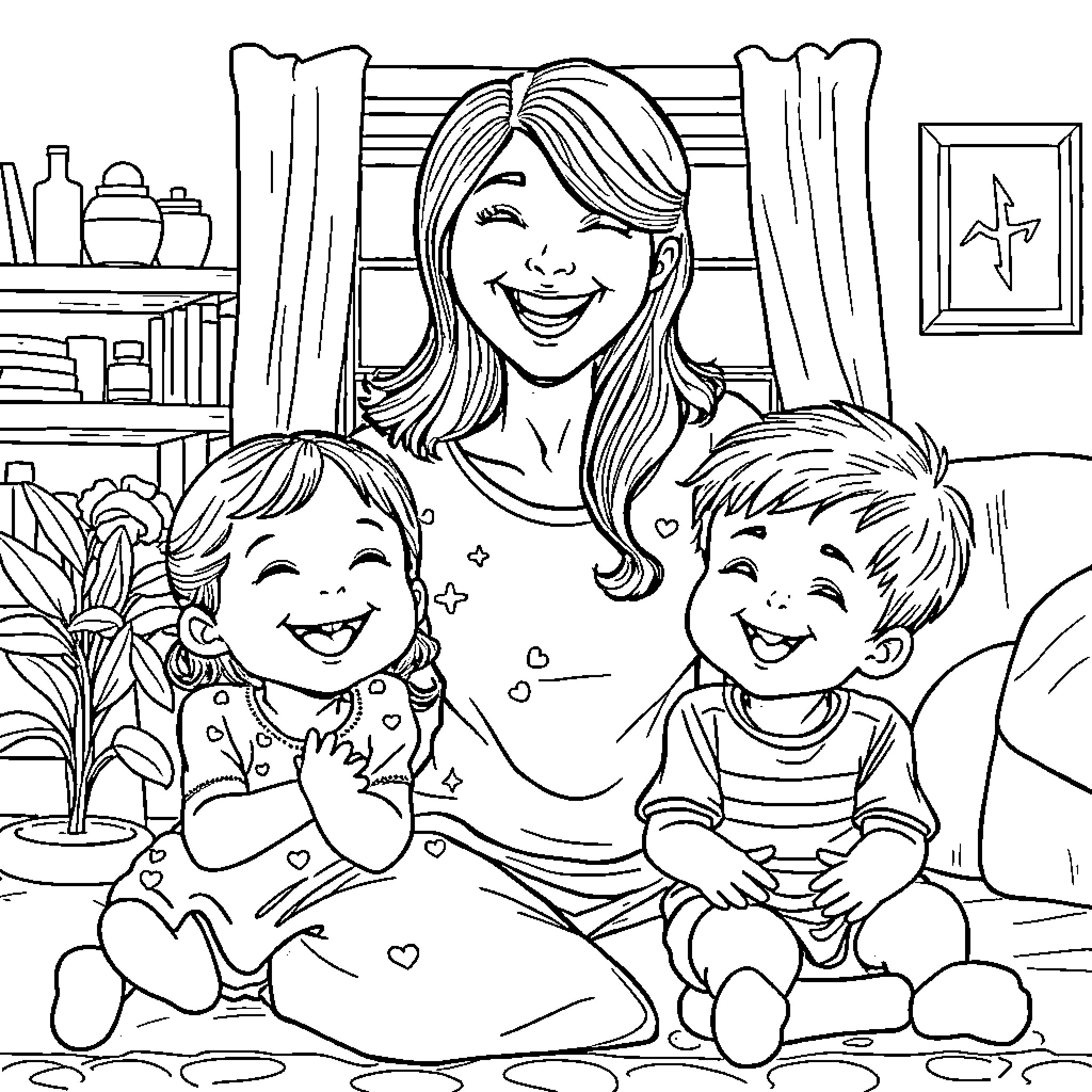 Mom Spends Quality Time with Her Children Coloring Page (free black-and-white line drawing printable PDF for all, from beginners to advanced learners, including children, teens, adults, and seniors)