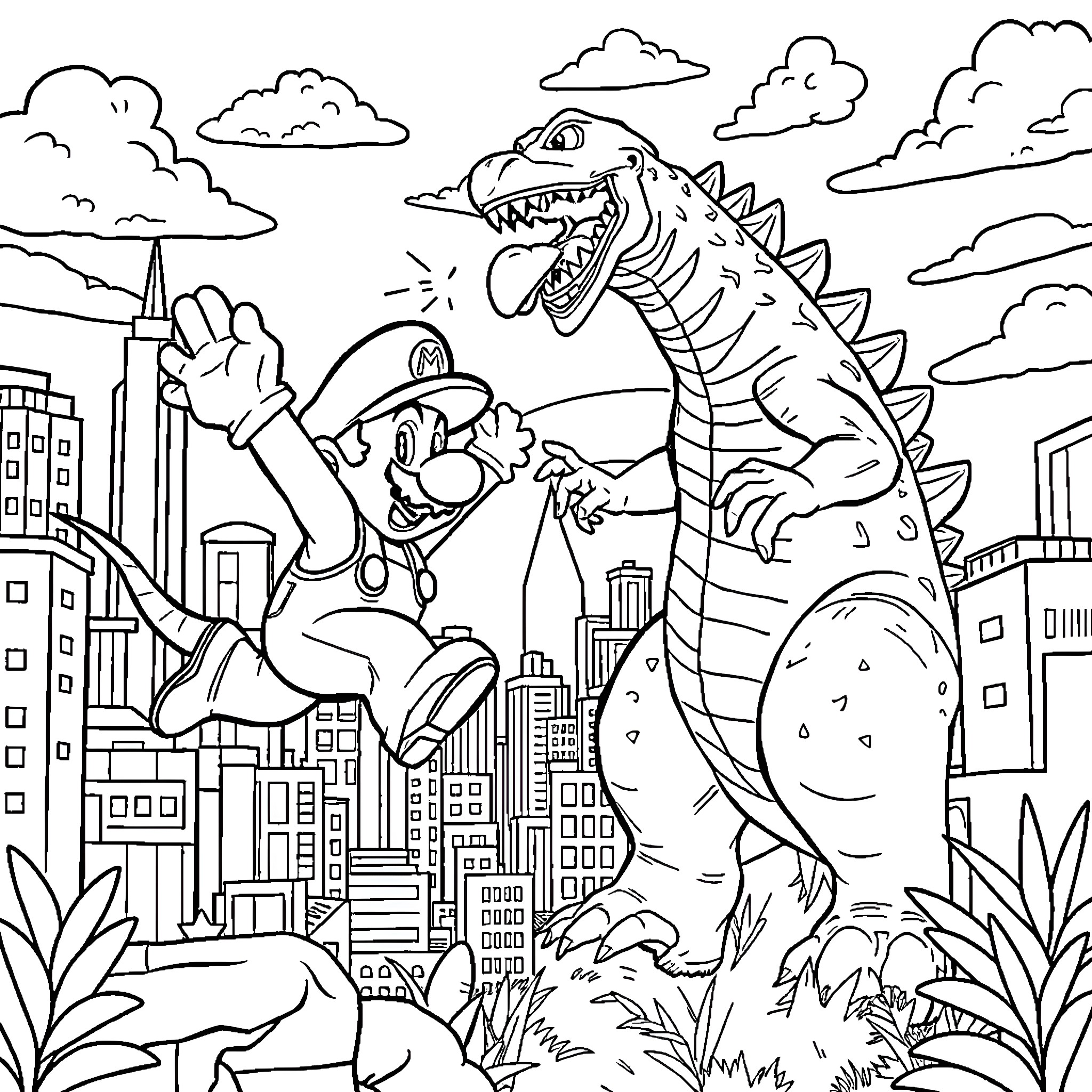 Super Mario battling a giant monster in the city Coloring Page (free black-and-white line drawing printable PDF for all, from beginners to advanced learners, including children, teens, adults, and seniors)