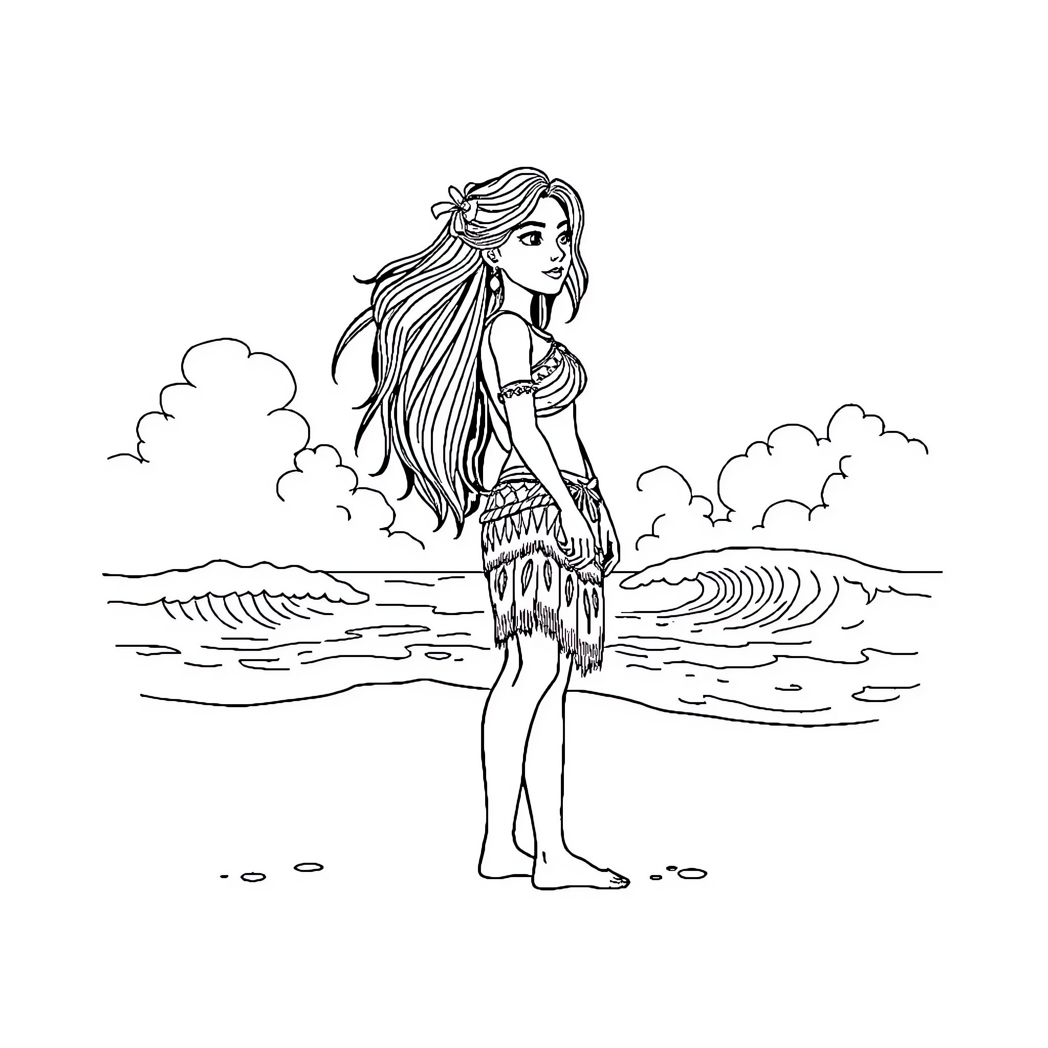 Vaiana exploring the ocean waves Coloring Page (free black-and-white line drawing printable PDF for all, from beginners to advanced learners, including children, teens, adults, and seniors)