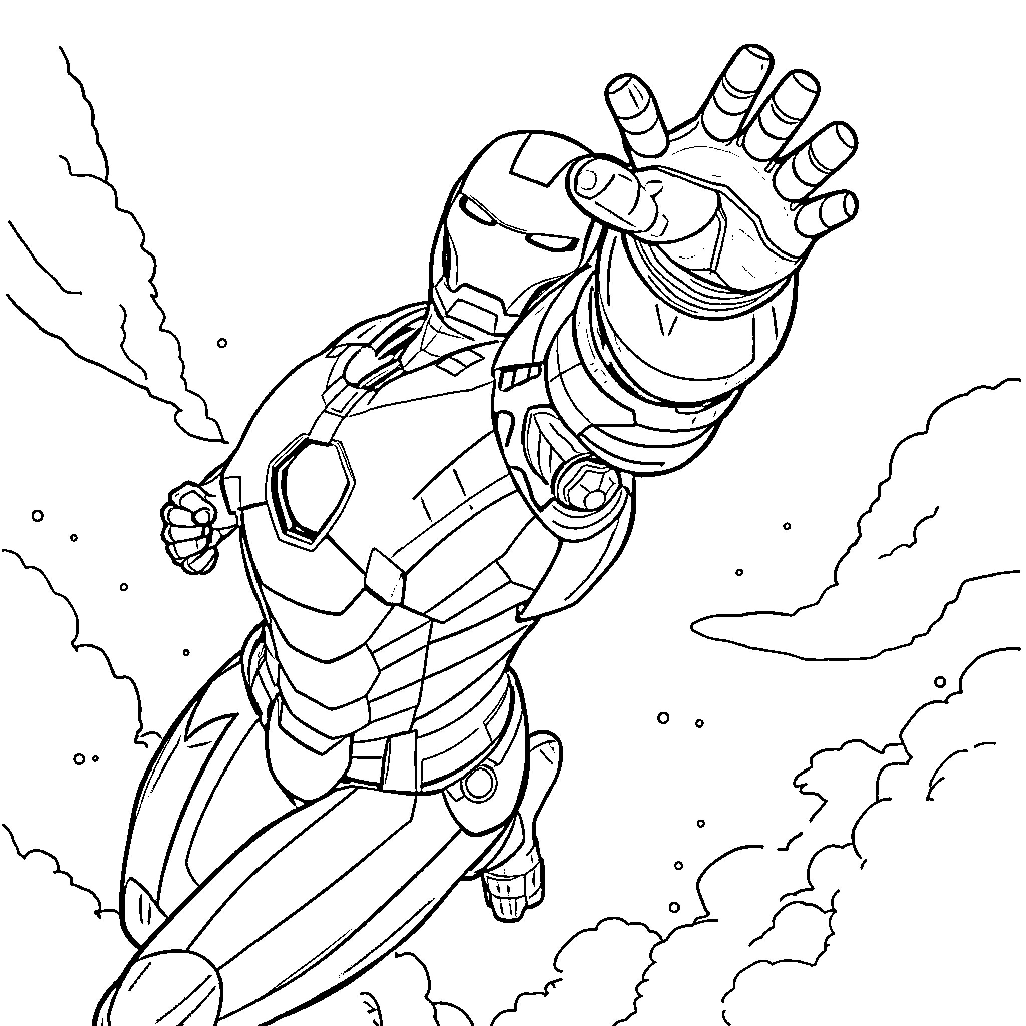Iron Man flying heroically through the sky Coloring Page (free black-and-white line drawing printable PDF for all, from beginners to advanced learners, including children, teens, adults, and seniors)