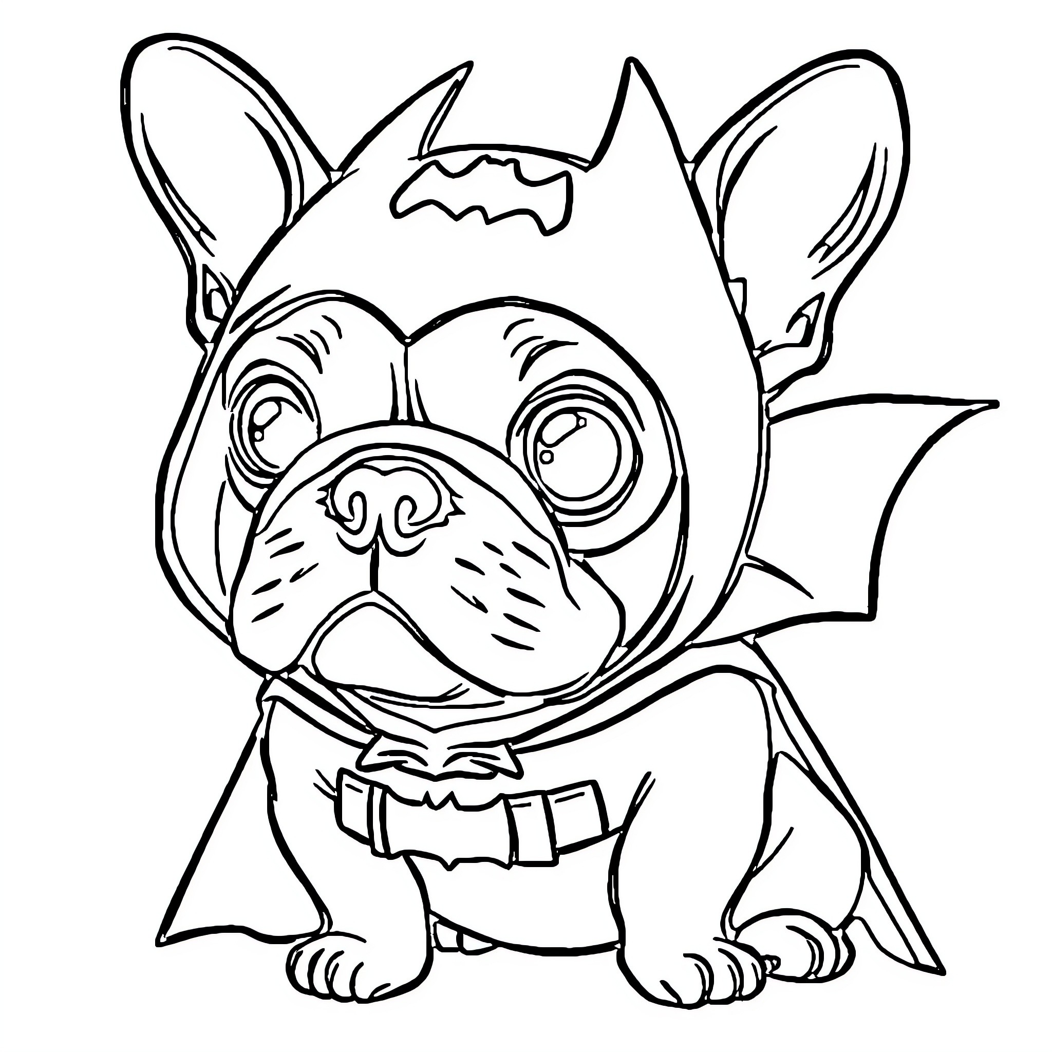 French Bulldog dressed as a bat with a friendly expression Coloring Page (free black-and-white line drawing printable PDF for all, from beginners to advanced learners, including children, teens, adults, and seniors)