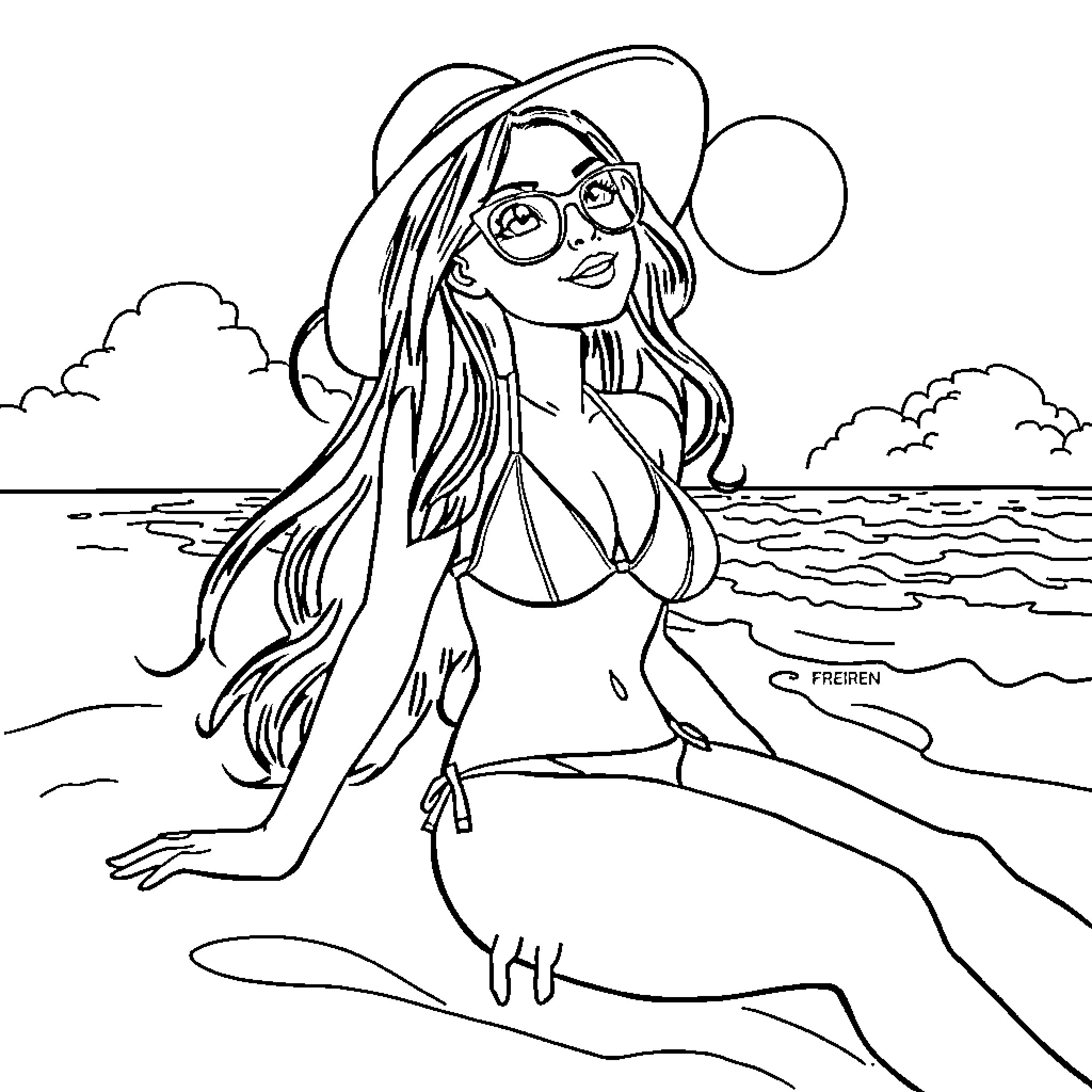 Frieren by the Seaside: A Joyful Moment Coloring Page (free black-and-white line drawing printable PDF for all, from beginners to advanced learners, including children, teens, adults, and seniors)