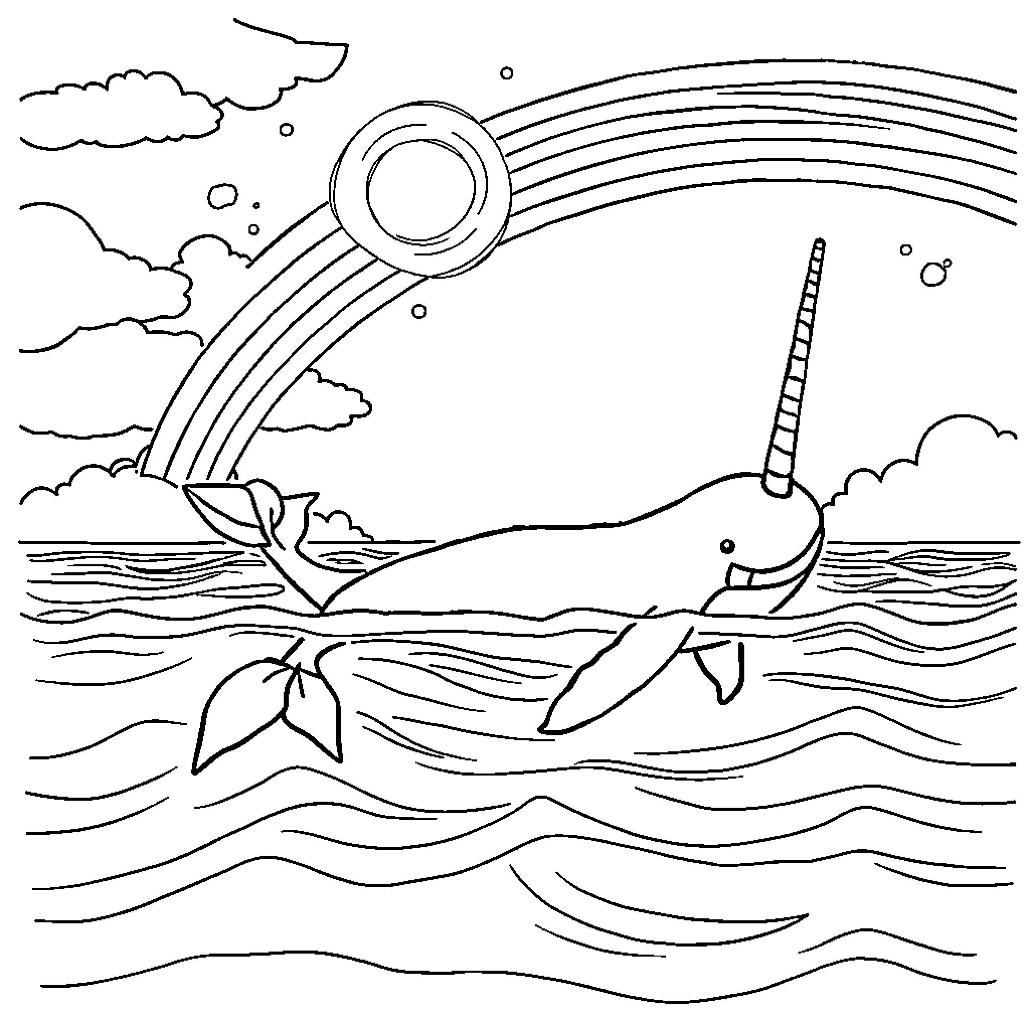Narwhal swimming in the ocean under a rainbow Coloring Page (free black-and-white line drawing printable PDF for all, from beginners to advanced learners, including children, teens, adults, and seniors)