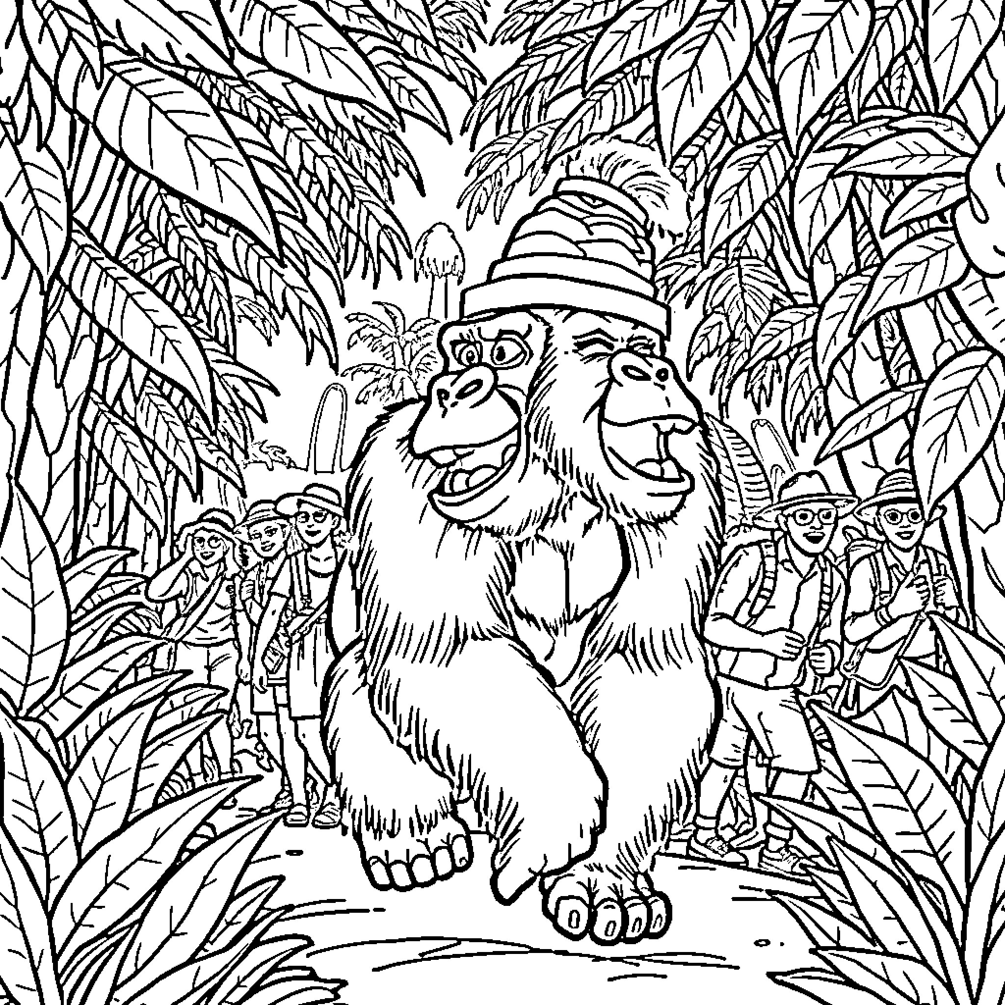 Gorilla leading a group through the jungle Coloring Page (free black-and-white line drawing printable PDF for all, from beginners to advanced learners, including children, teens, adults, and seniors)