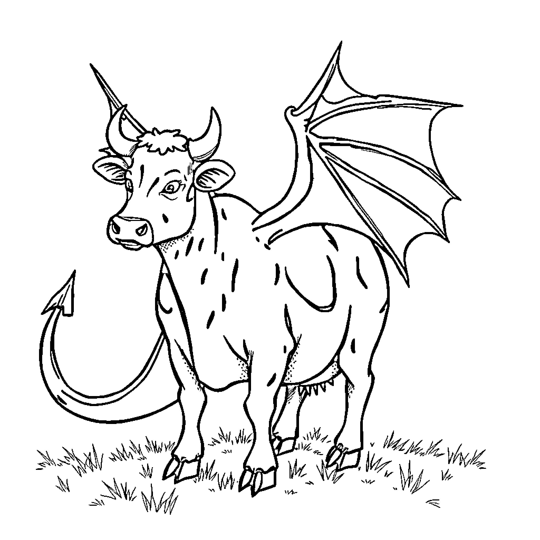Cow Dragon Creature Roaming the Grasslands Coloring Page (free black-and-white line drawing printable PDF for all, from beginners to advanced learners, including children, teens, adults, and seniors)