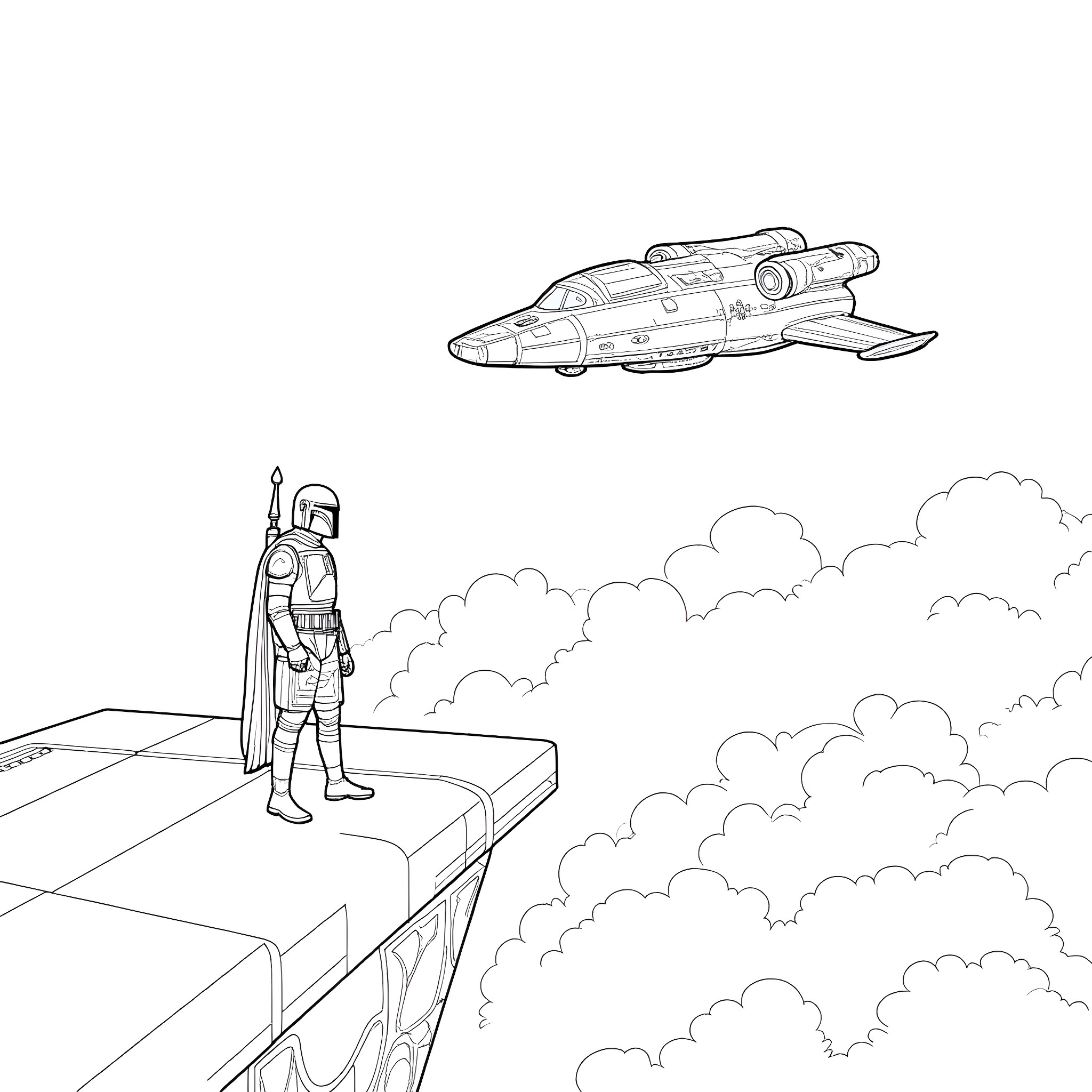 Boba Fett's Iconic Spacecraft in Action Coloring Page (free black-and-white line drawing printable PDF for all, from beginners to advanced learners, including children, teens, adults, and seniors)