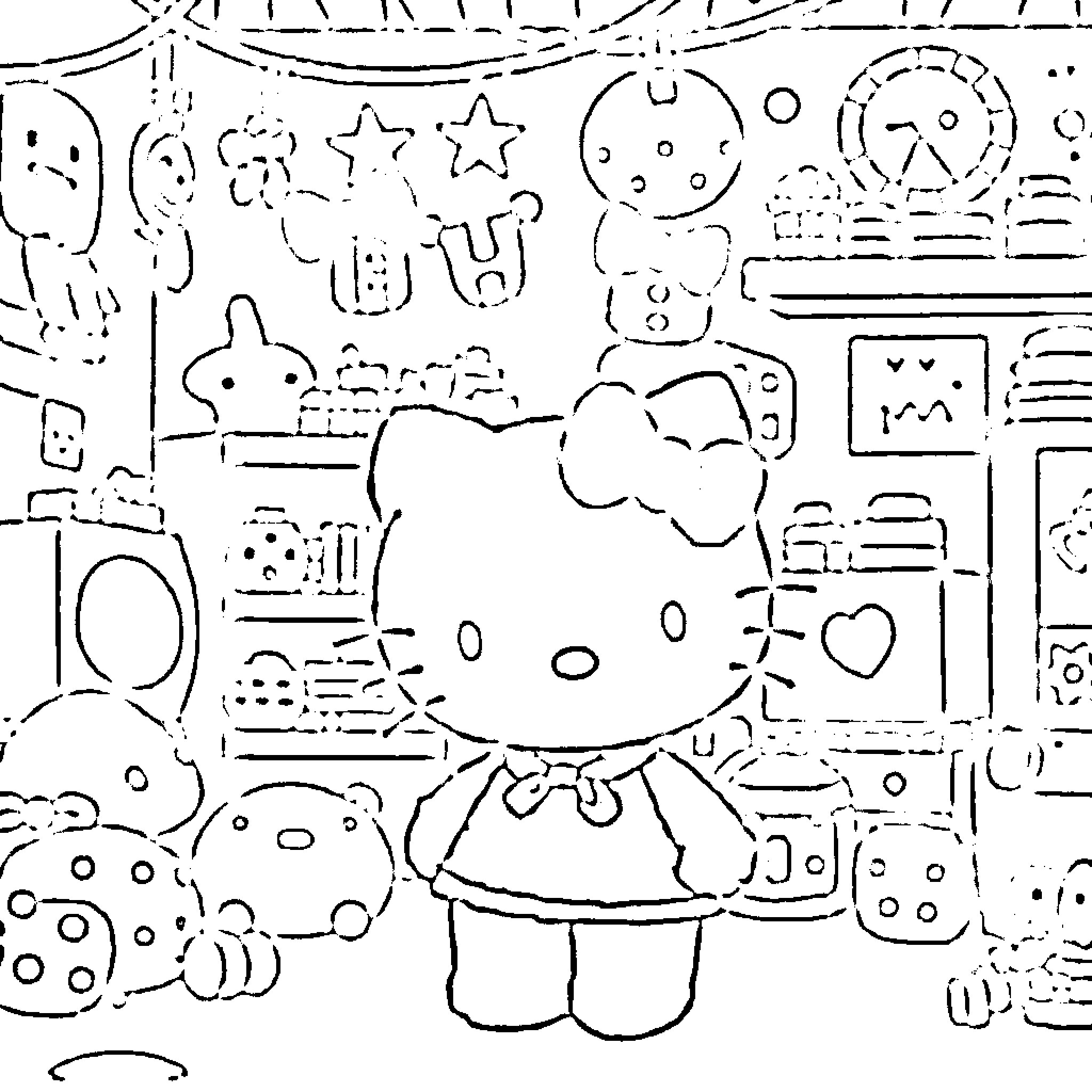 Hello Kitty exploring a whimsical world of shapes and symbols Coloring Page (free black-and-white line drawing printable PDF for all, from beginners to advanced learners, including children, teens, adults, and seniors)