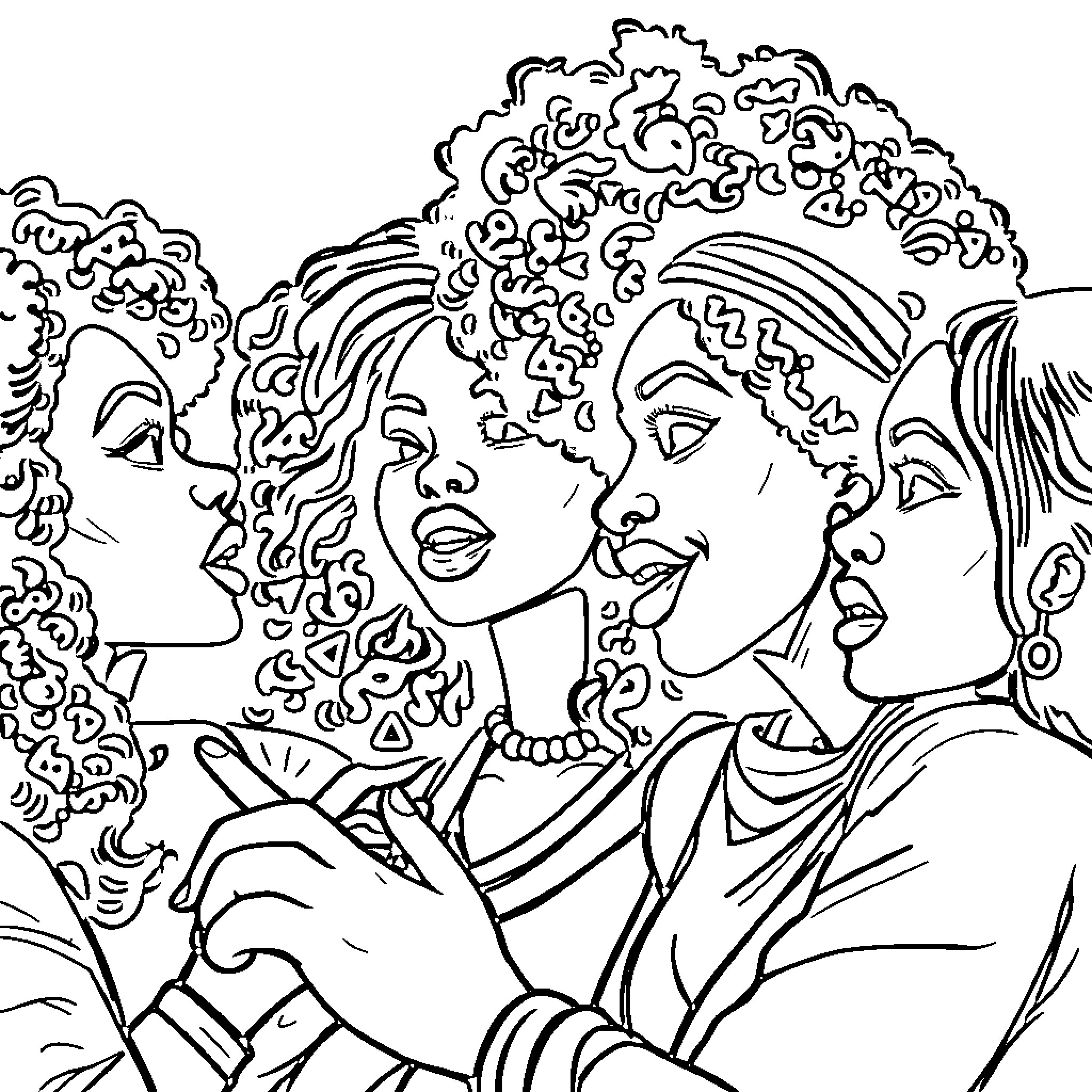 Black Women Expressing Joy and Sisterhood Coloring Page (free black-and-white line drawing printable PDF for all, from beginners to advanced learners, including children, teens, adults, and seniors)