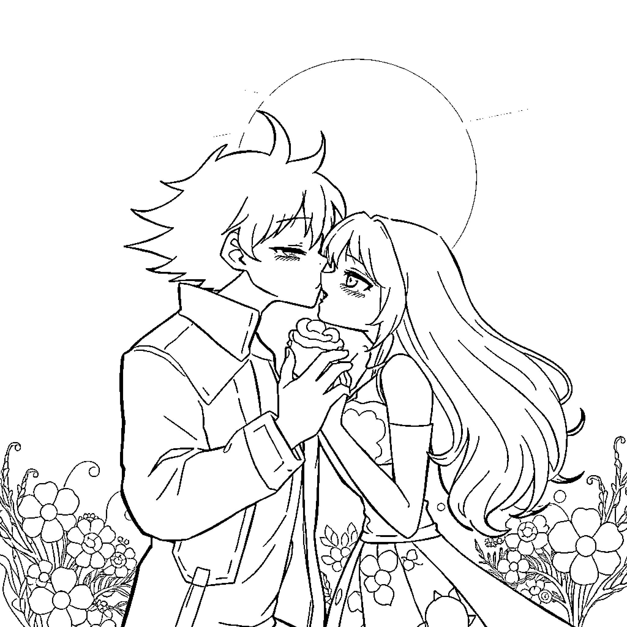 Jinx - Loving Embrace Under the Moon Coloring Page (free black-and-white line drawing printable PDF for all, from beginners to advanced learners, including children, teens, adults, and seniors)