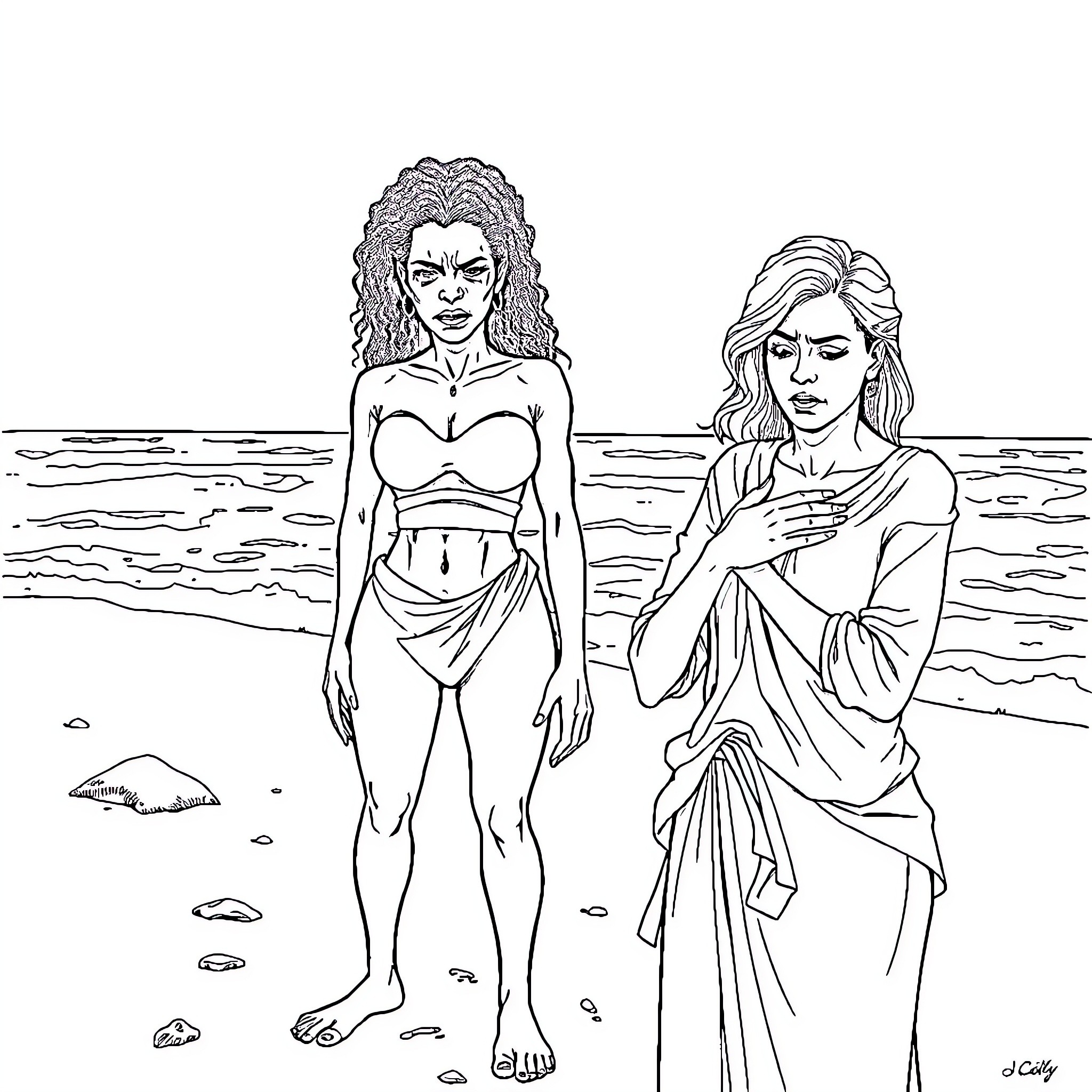Woman with curly hair and woman in flowing garment on a beach Coloring Page (free black-and-white line drawing printable PDF for all, from beginners to advanced learners, including children, teens, adults, and seniors)