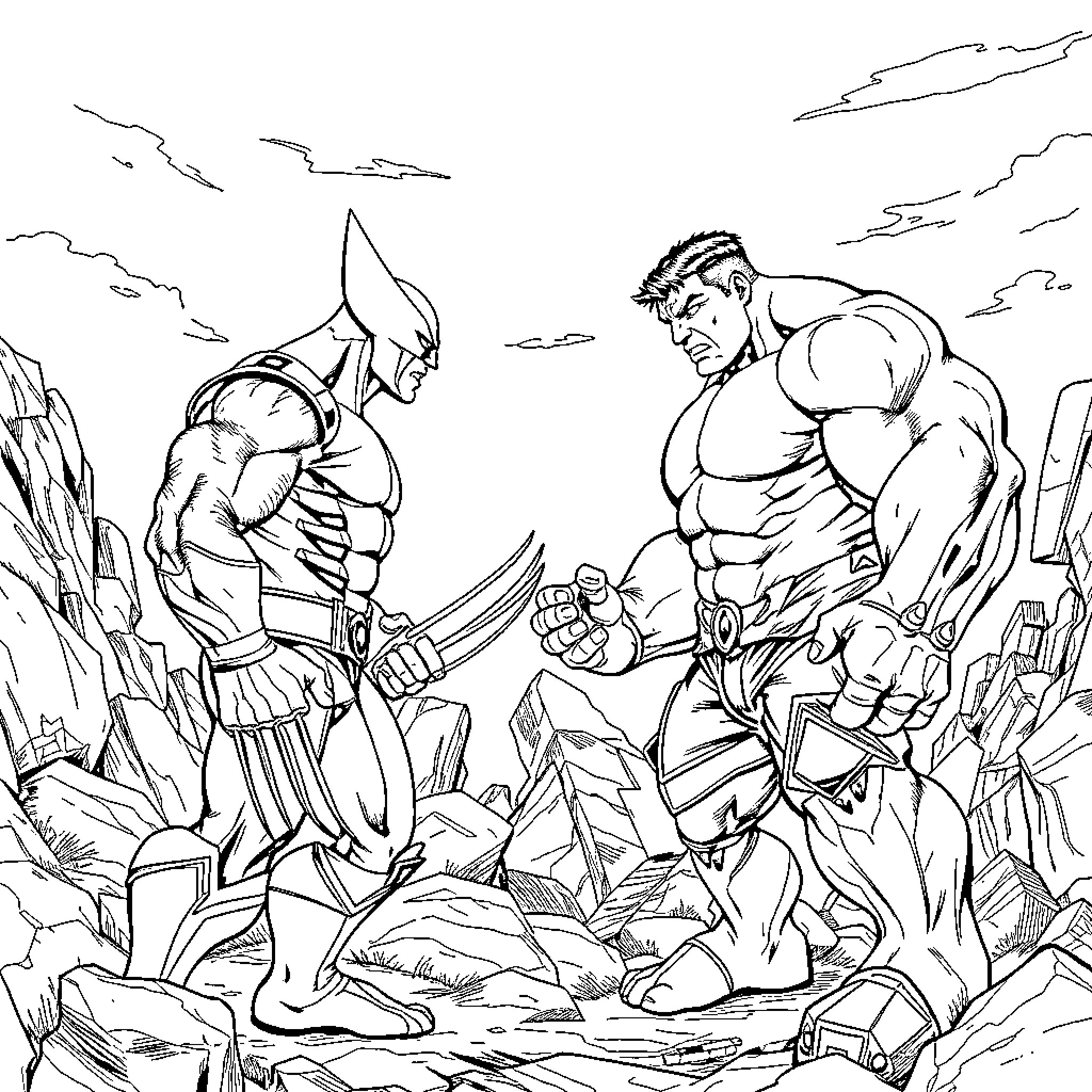 Wolverine and Hulk battling fiercely in a rugged landscape Coloring Page (free black-and-white line drawing printable PDF for all, from beginners to advanced learners, including children, teens, adults, and seniors)