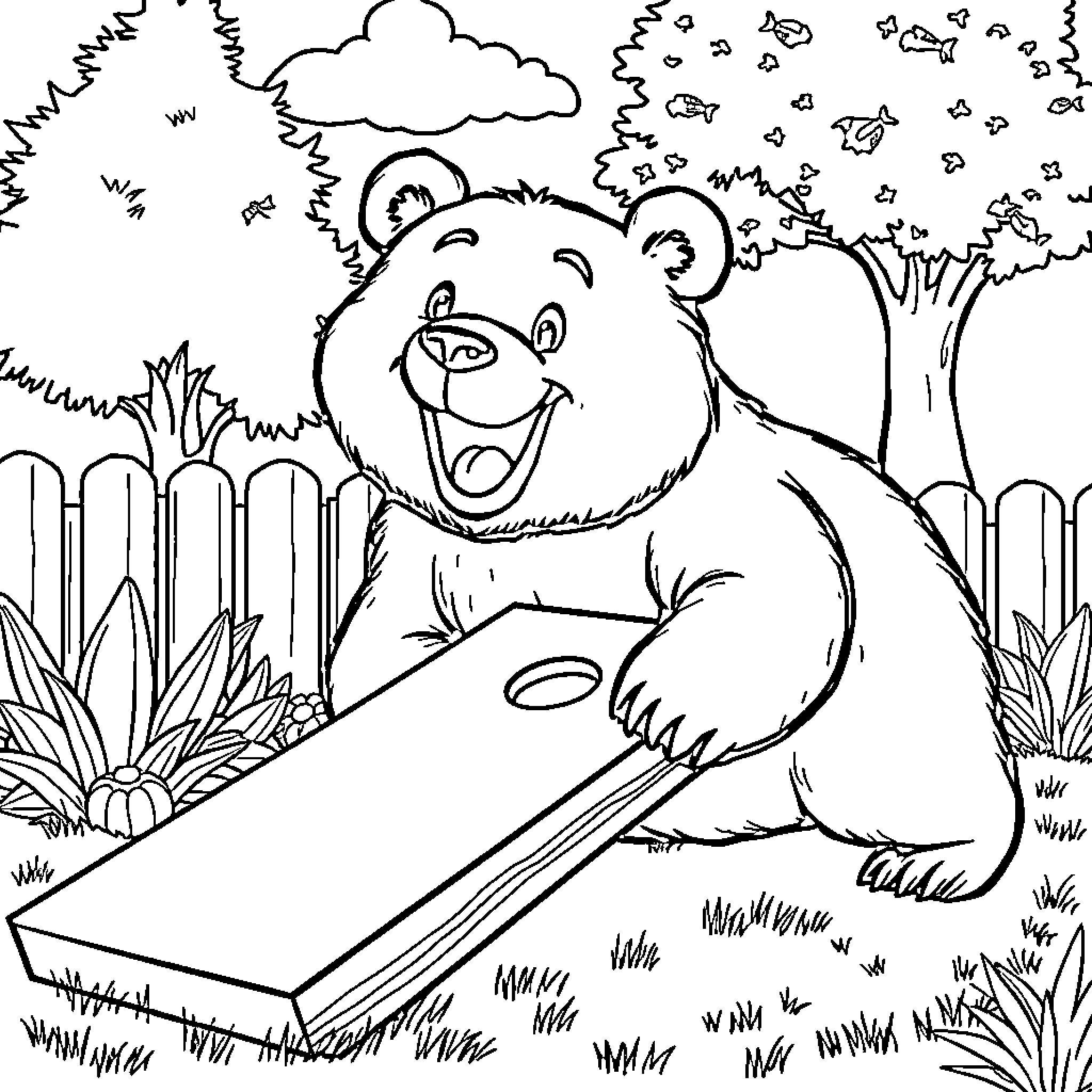Bear relaxing in the forest Coloring Page (free black-and-white line drawing printable PDF for all, from beginners to advanced learners, including children, teens, adults, and seniors)