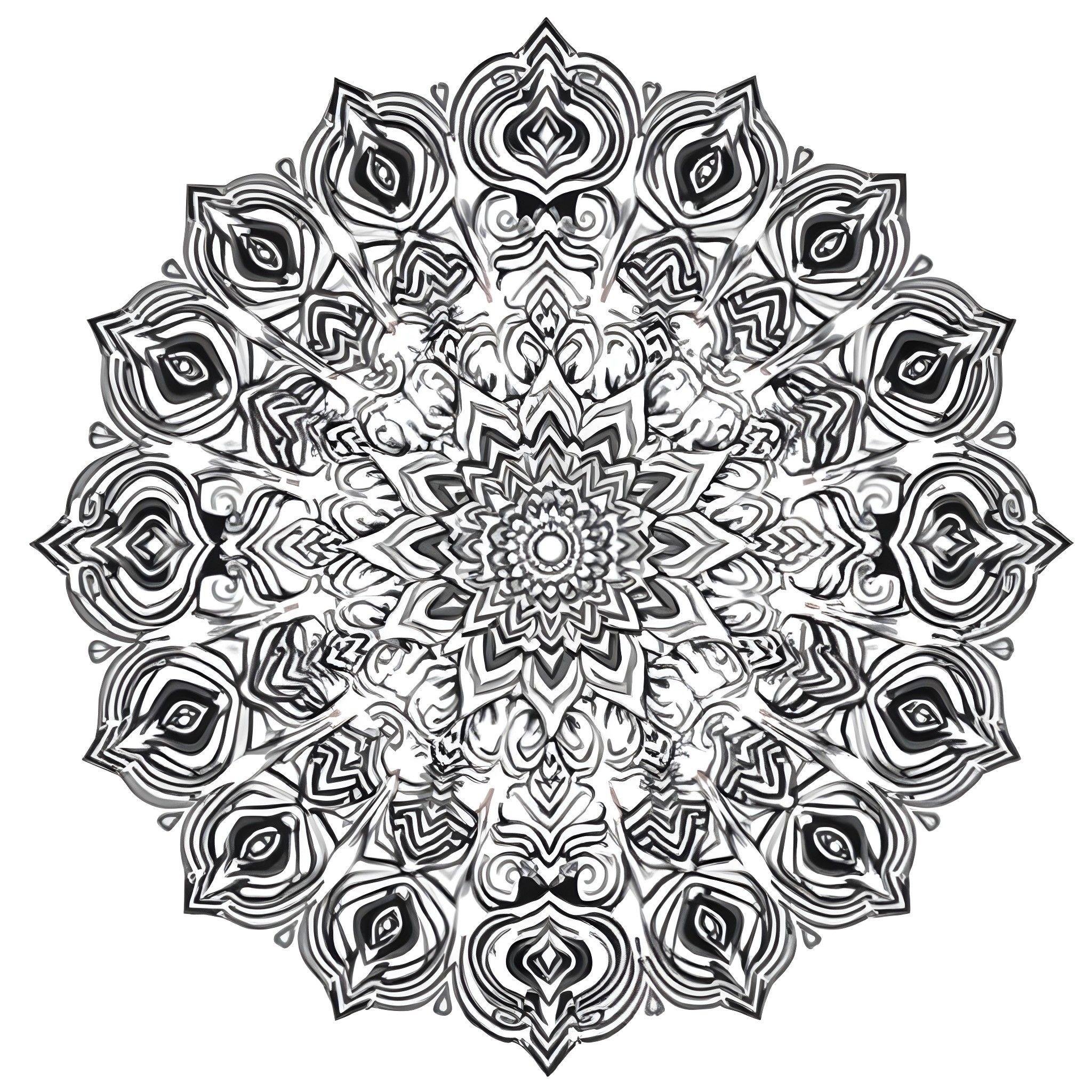 Mandala of intricate geometric patterns Coloring Page (free black-and-white line drawing printable PDF for all, from beginners to advanced learners, including children, teens, adults, and seniors)