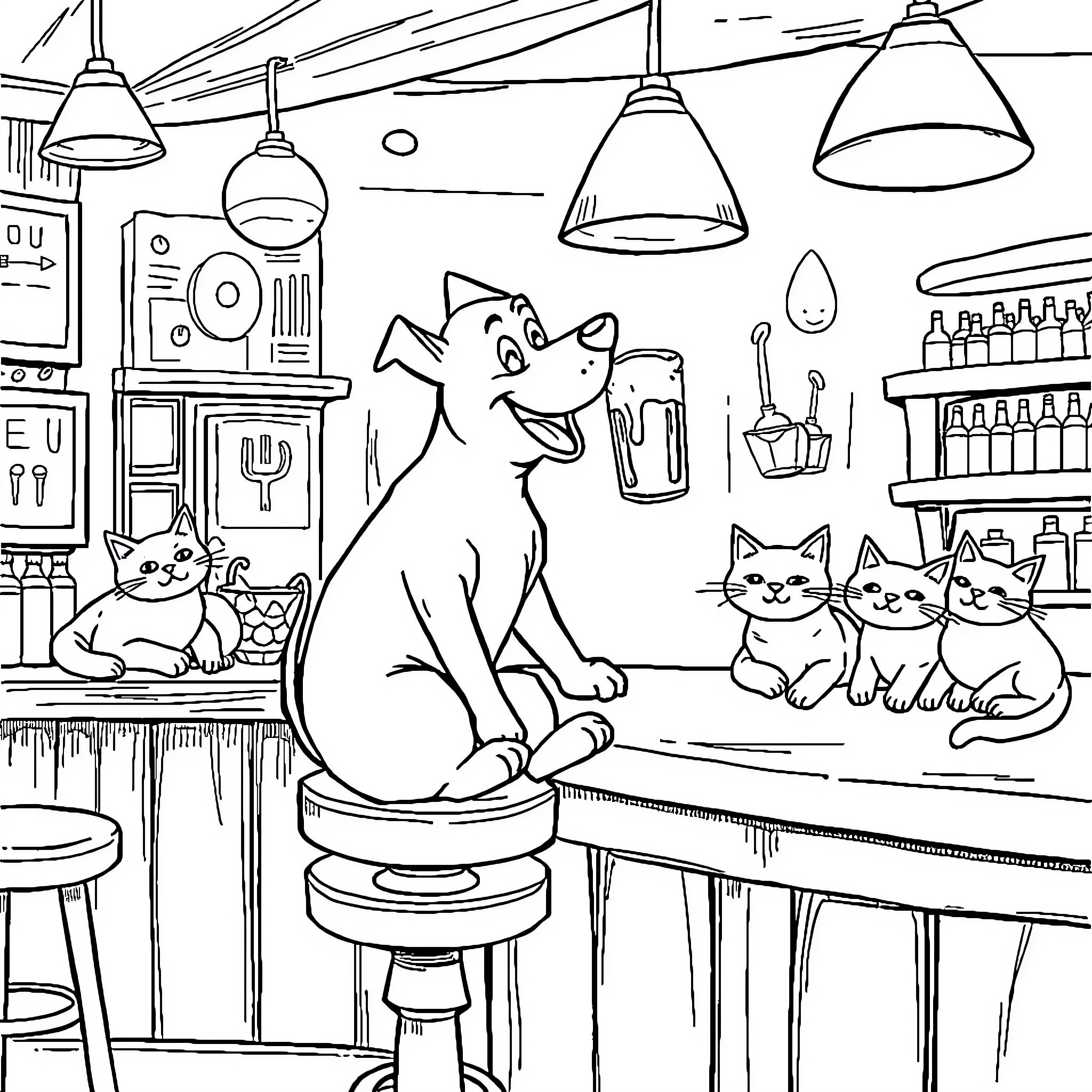 Dog and Cats Enjoying a Cozy Cafe Scene Coloring Page (free black-and-white line drawing printable PDF for all, from beginners to advanced learners, including children, teens, adults, and seniors)