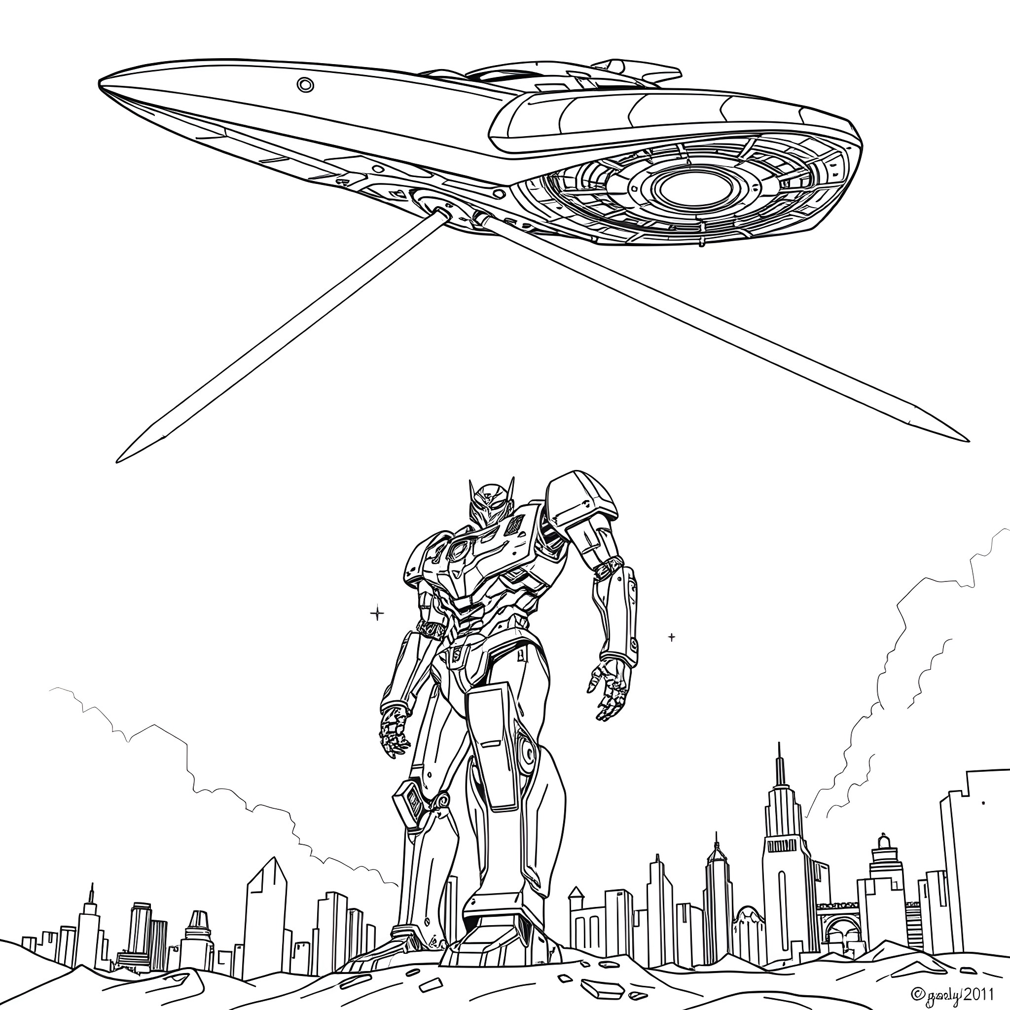 Alien Mech Warrior Stands Tall Over City Skyline Coloring Page (free black-and-white line drawing printable PDF for all, from beginners to advanced learners, including children, teens, adults, and seniors)